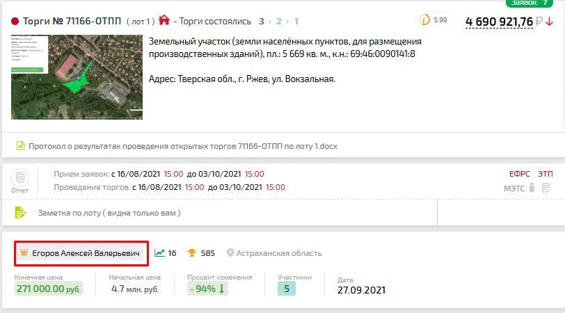 Карточка TBankrot: подтверждённый кейс №76