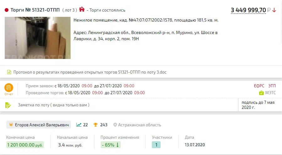 Карточка TBankrot: подтверждённый кейс №100