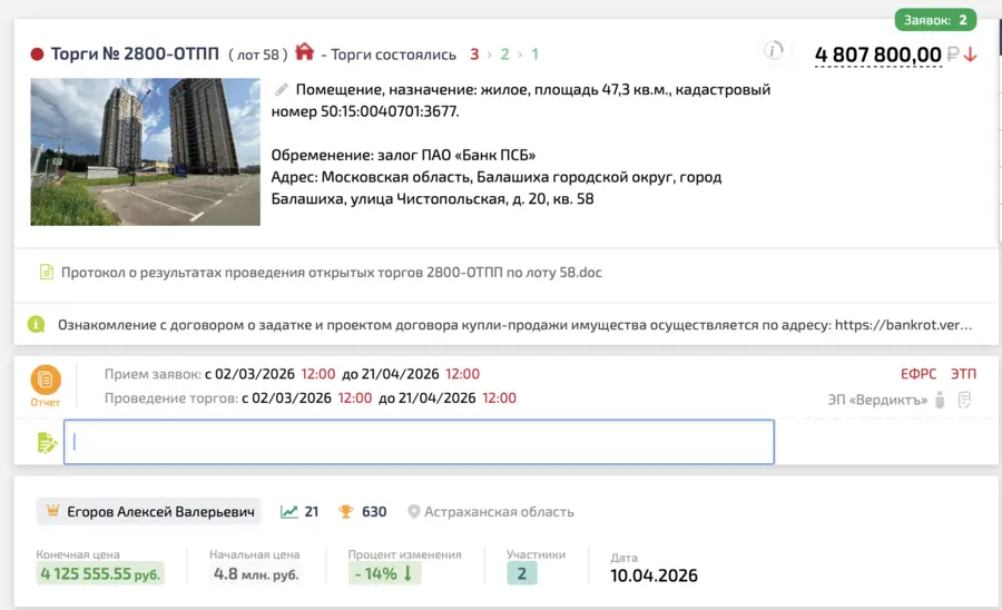 Карточка TBankrot: подтверждённый кейс №12
