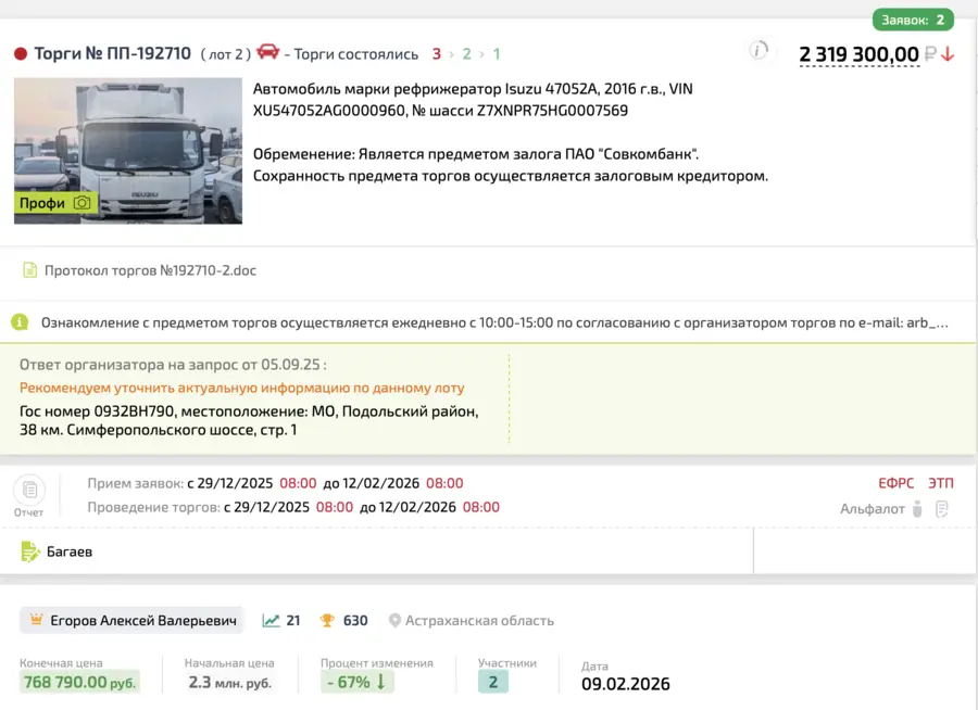 Карточка TBankrot: подтверждённый кейс №16
