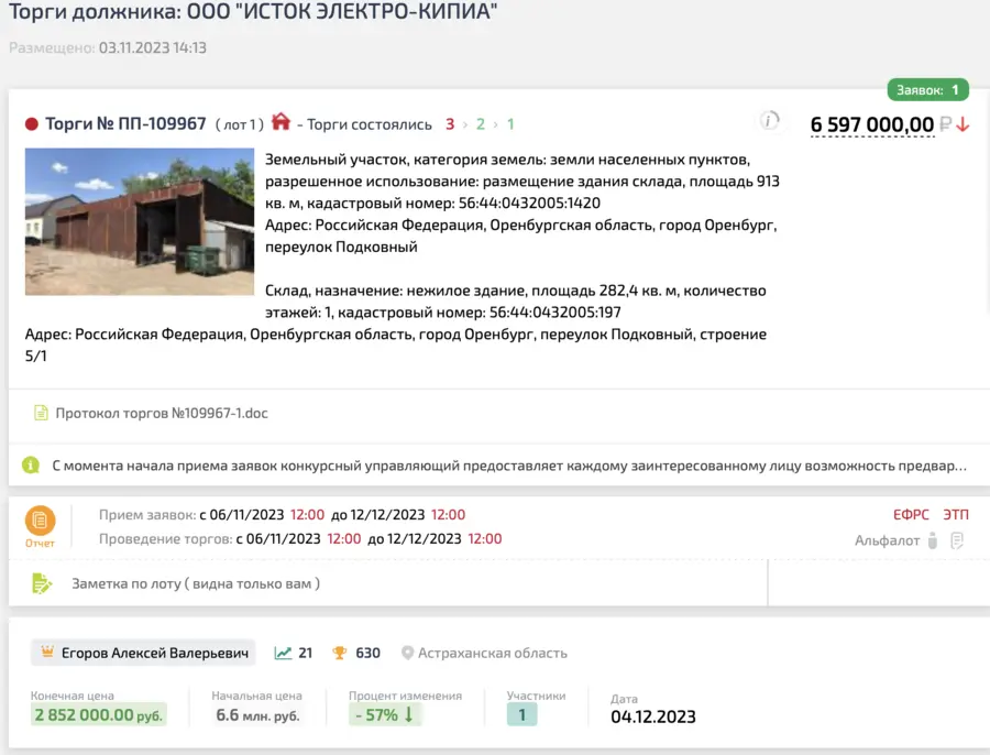 Карточка TBankrot: подтверждённый кейс №64