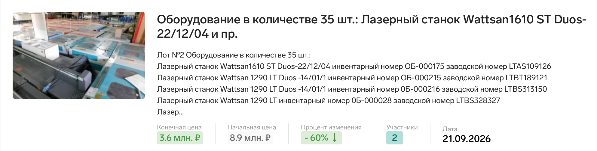 Лазерное оборудование: исходная карточка с начальной и конечной ценой