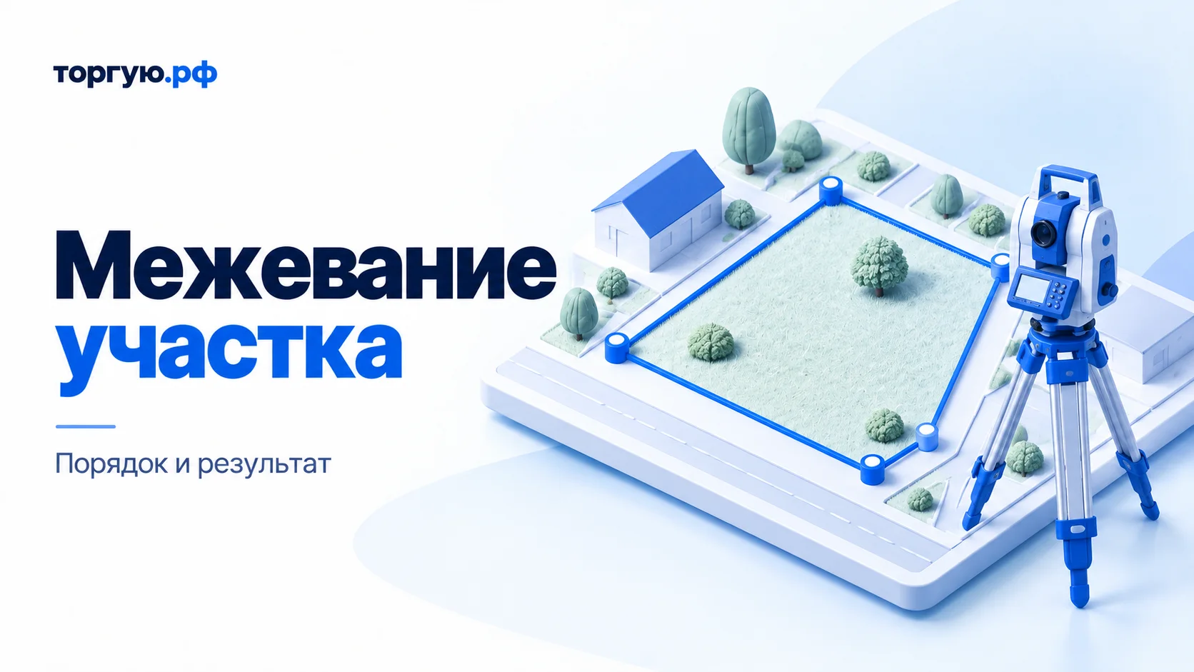 Условный земельный участок с синими границами и геодезический прибор на обложке статьи о межевании.