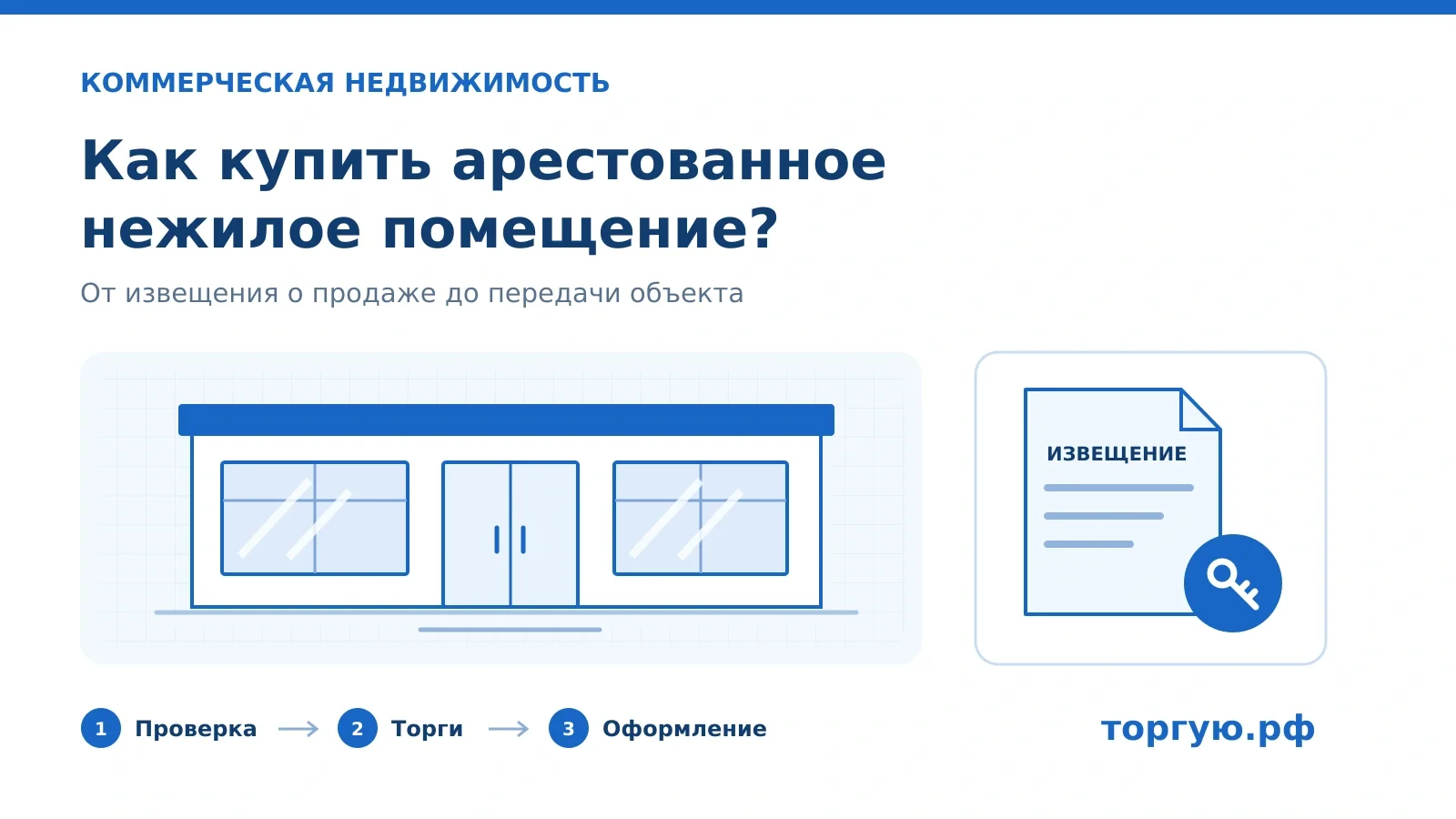 Арестованное нежилое помещение: проверка документов, участие в торгах и получение объекта. Бело-синяя иллюстрация торгую.рф.