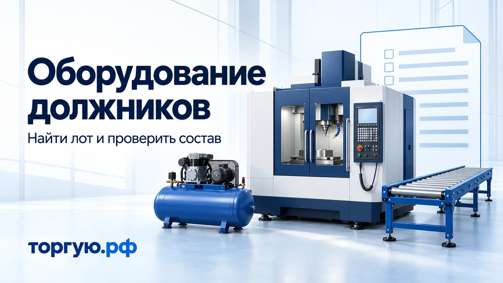Бело-синяя обложка торгую.рф «Оборудование должников»: станок с пультом, компрессор, роликовый конвейер и лист описи.