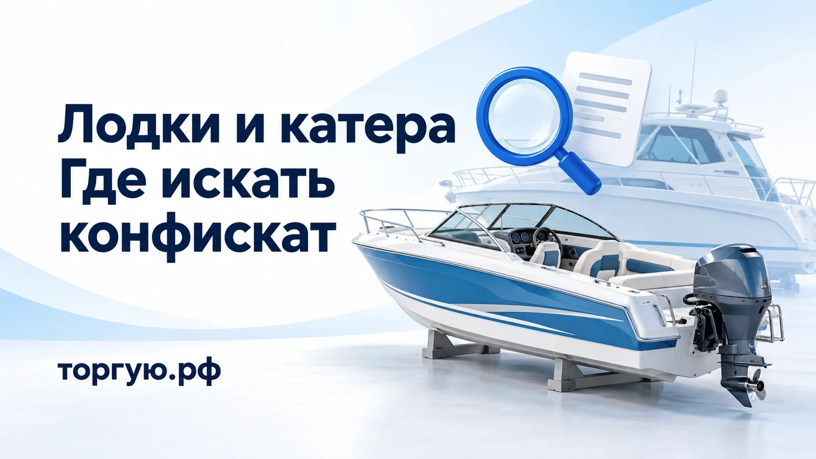 Лодка с подвесным мотором на опорах, силуэт катера, лупа и документ на бело-голубом фоне; обложка торгую.рф «Лодки и катера. Где искать конфискат».