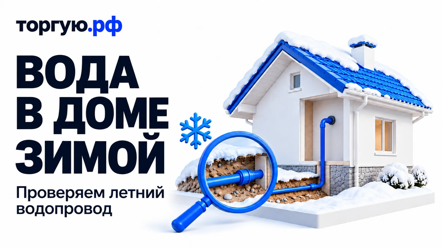 Белый дом с синей заснеженной крышей, синий водопровод в условном разрезе грунта и стены, лупа над трубой и снежинка. Слева надписи «ВОДА В ДОМЕ ЗИМОЙ» и «Проверяем летний водопровод», сверху логотип «торгую.рф».