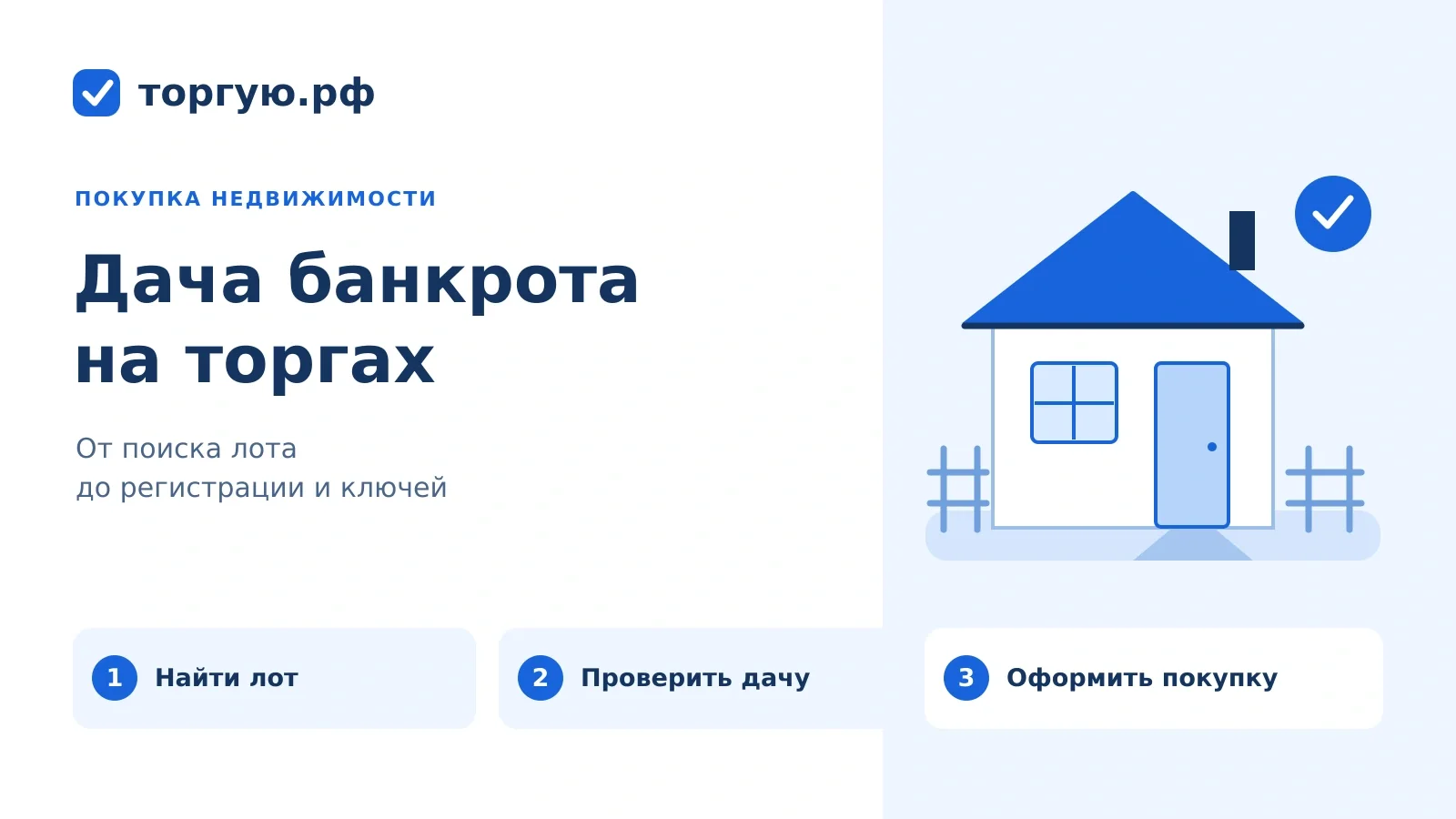 Дача банкрота на торгах: найти лот, проверить дом и участок, оформить покупку. Бело-синяя иллюстрация дома, бренд торгую.рф.