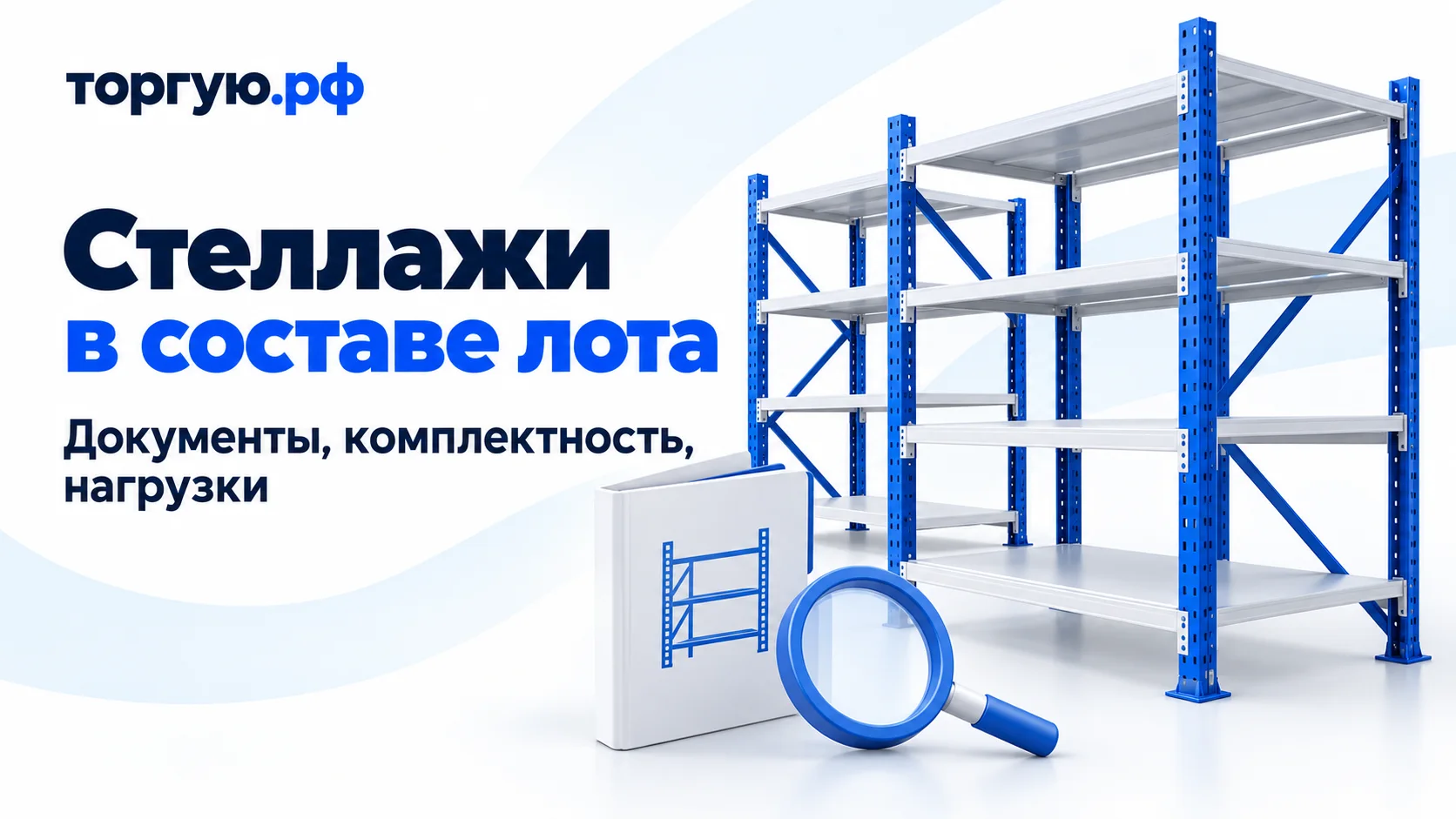 Пустые складские стеллажи, закрытая папка со схемой и лупа на бело-синей обложке торгую.рф: «Стеллажи в составе лота. Документы, комплектность, нагрузки».