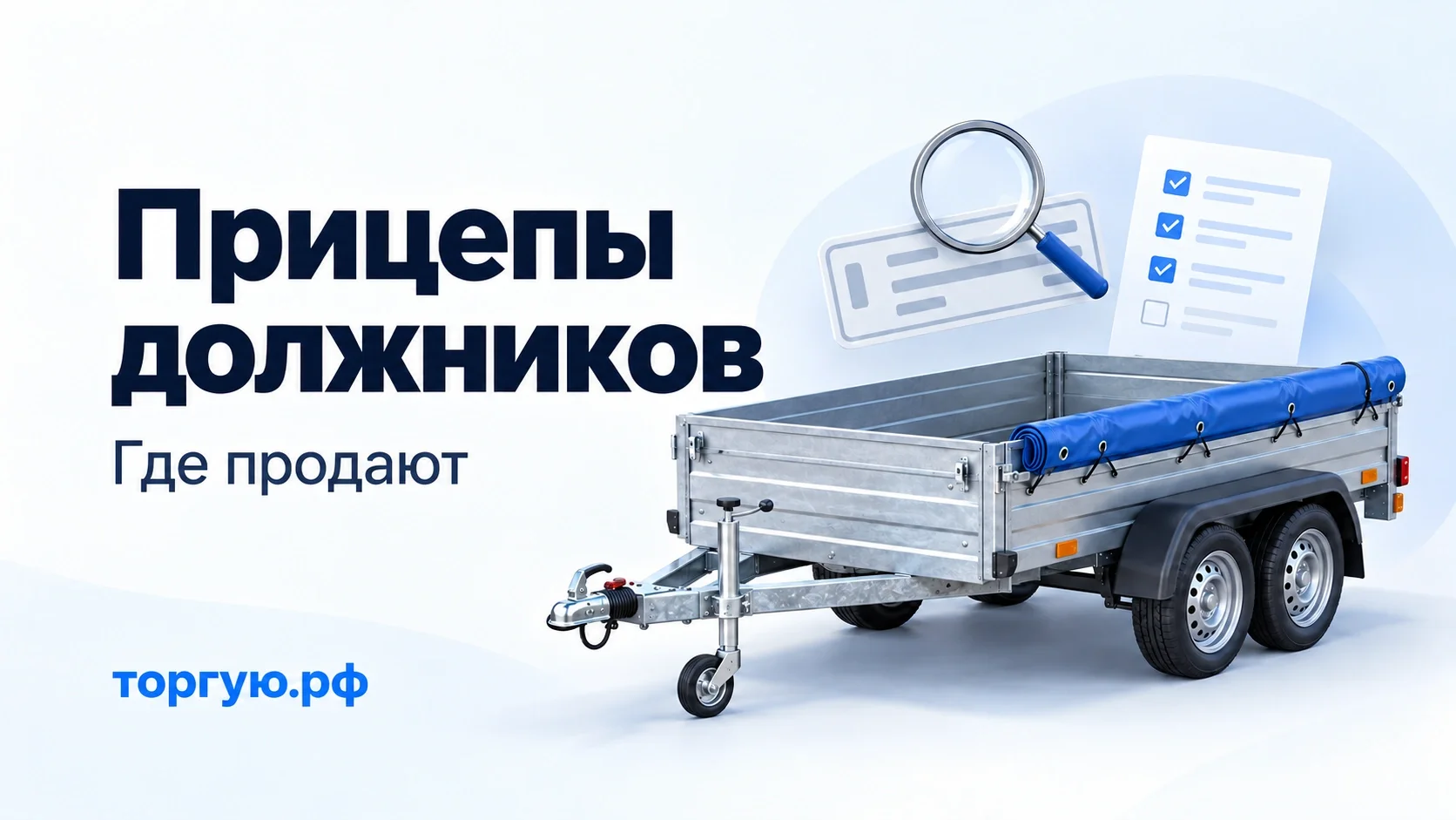 Двухосный бортовой прицеп с синим тентом, лупа и памятка; бело-синяя обложка торгую.рф «Прицепы должников. Где продают».