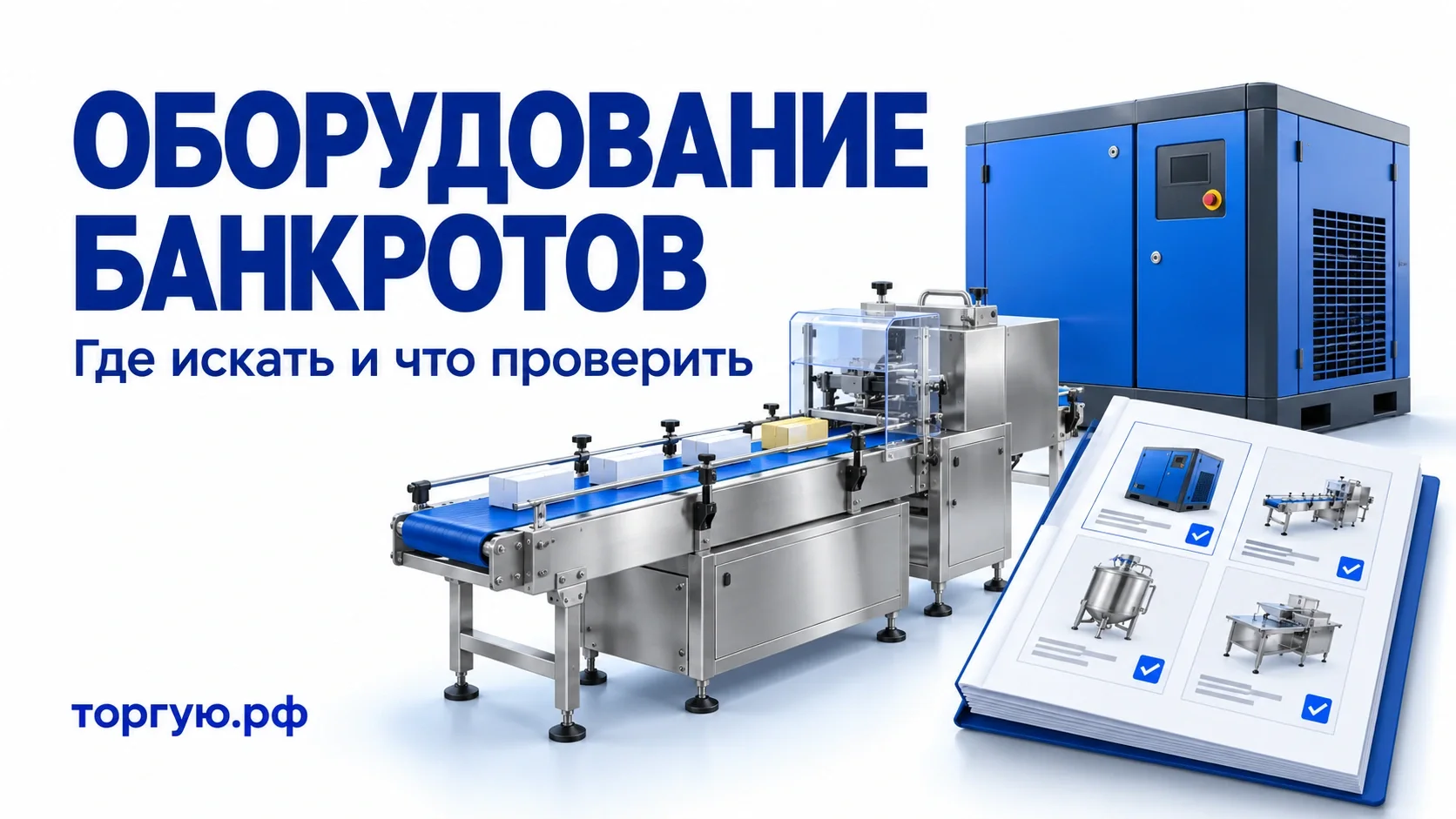 Бело-синяя обложка «Оборудование банкротов»: компрессор, упаковочный конвейер и каталог имущества; подпись «Где искать и что проверить», бренд «торгую.рф».
