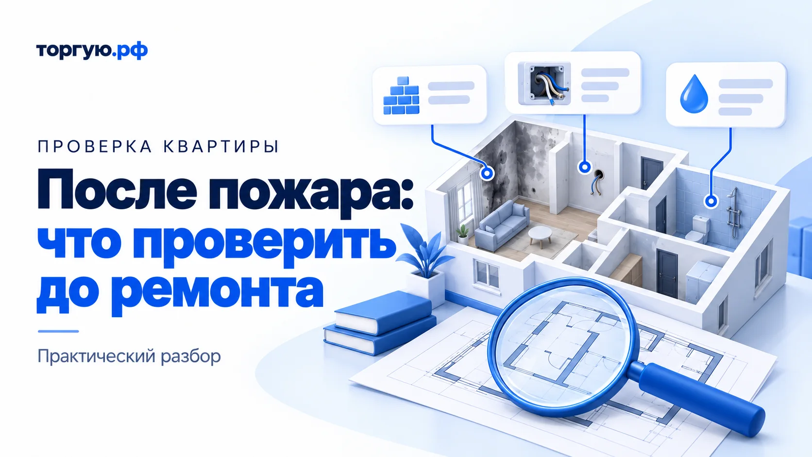 Бело-синяя иллюстрация: макет квартиры со следами копоти на стене, план под лупой и значки кирпичной стены, проводов и капли воды. Слева надпись «После пожара: что проверить до ремонта».