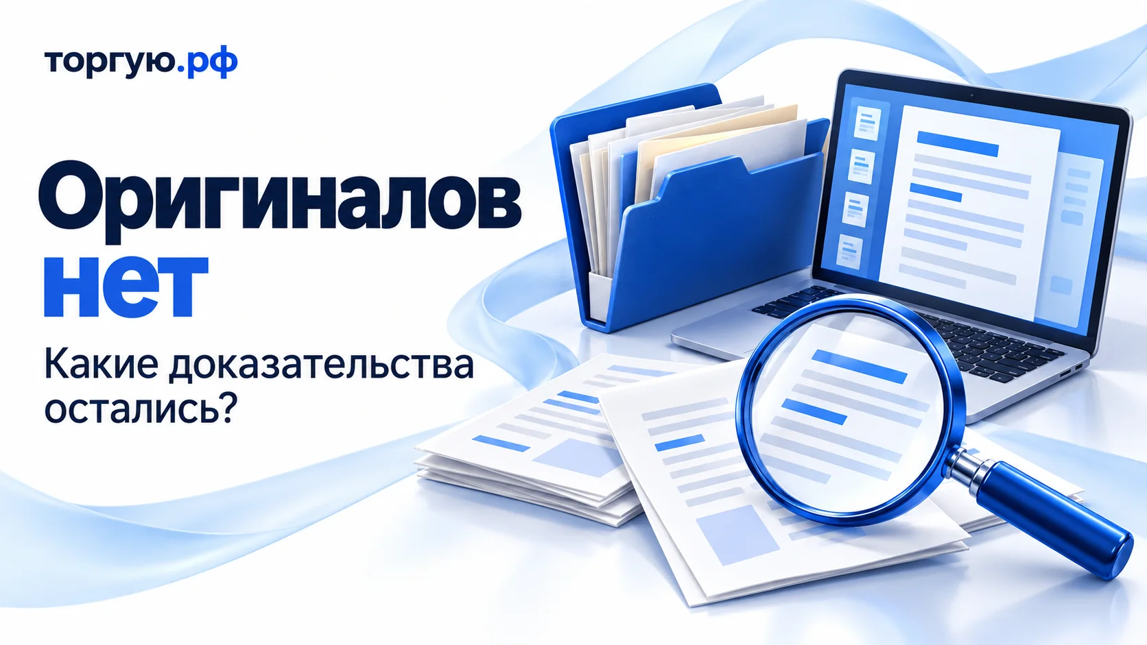 Обложка «Оригиналов нет»: бумажная папка, электронный документ на экране ноутбука и отдельные копии под лупой. Подзаголовок «Какие доказательства остались?», бренд «торгую.рф», бело-синий фон.