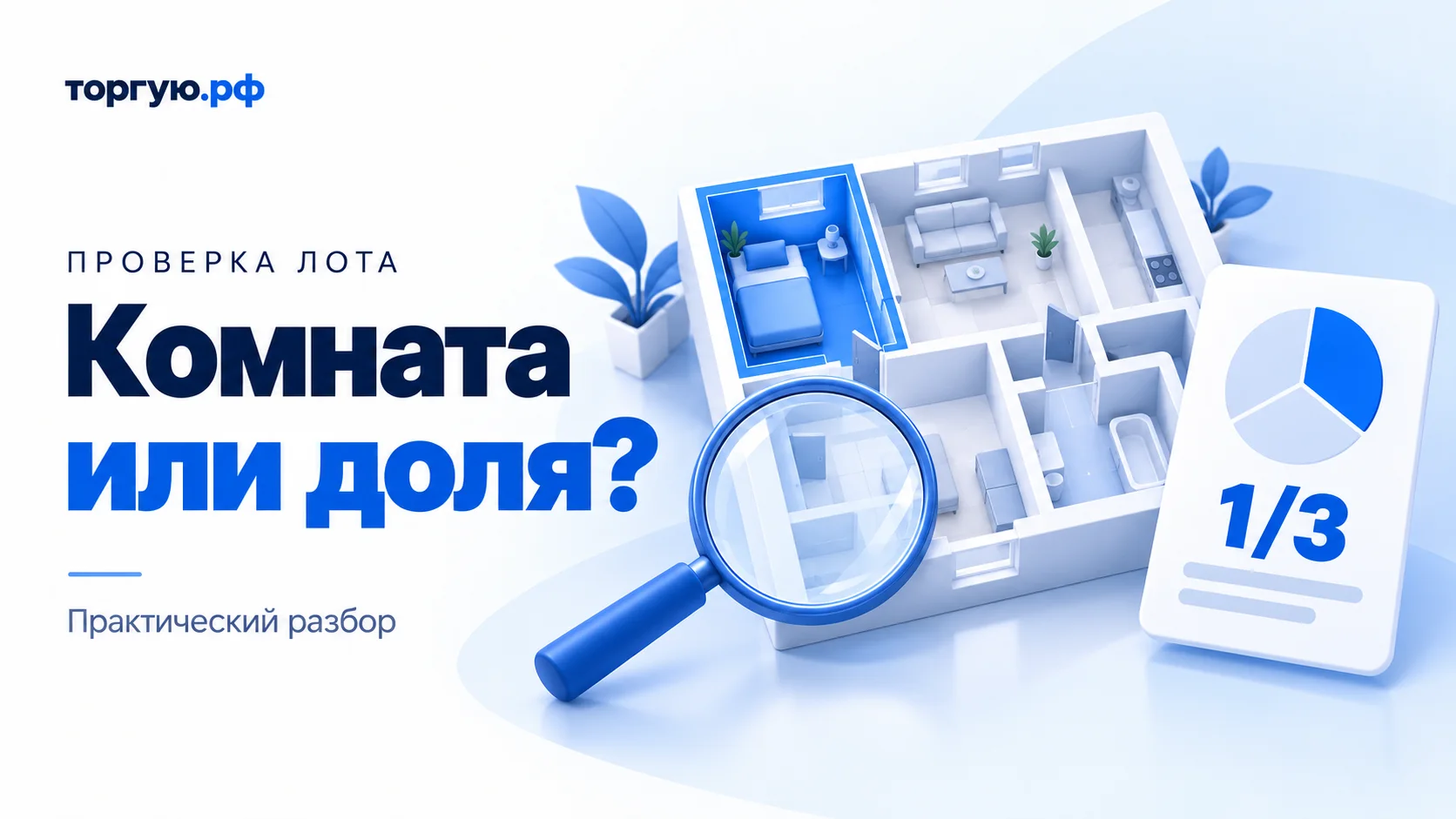 Бело-синяя обложка «Комната или доля?»: макет квартиры с выделенной синим комнатой, лупа и отдельная карточка с круговой диаграммой и надписью «1/3».