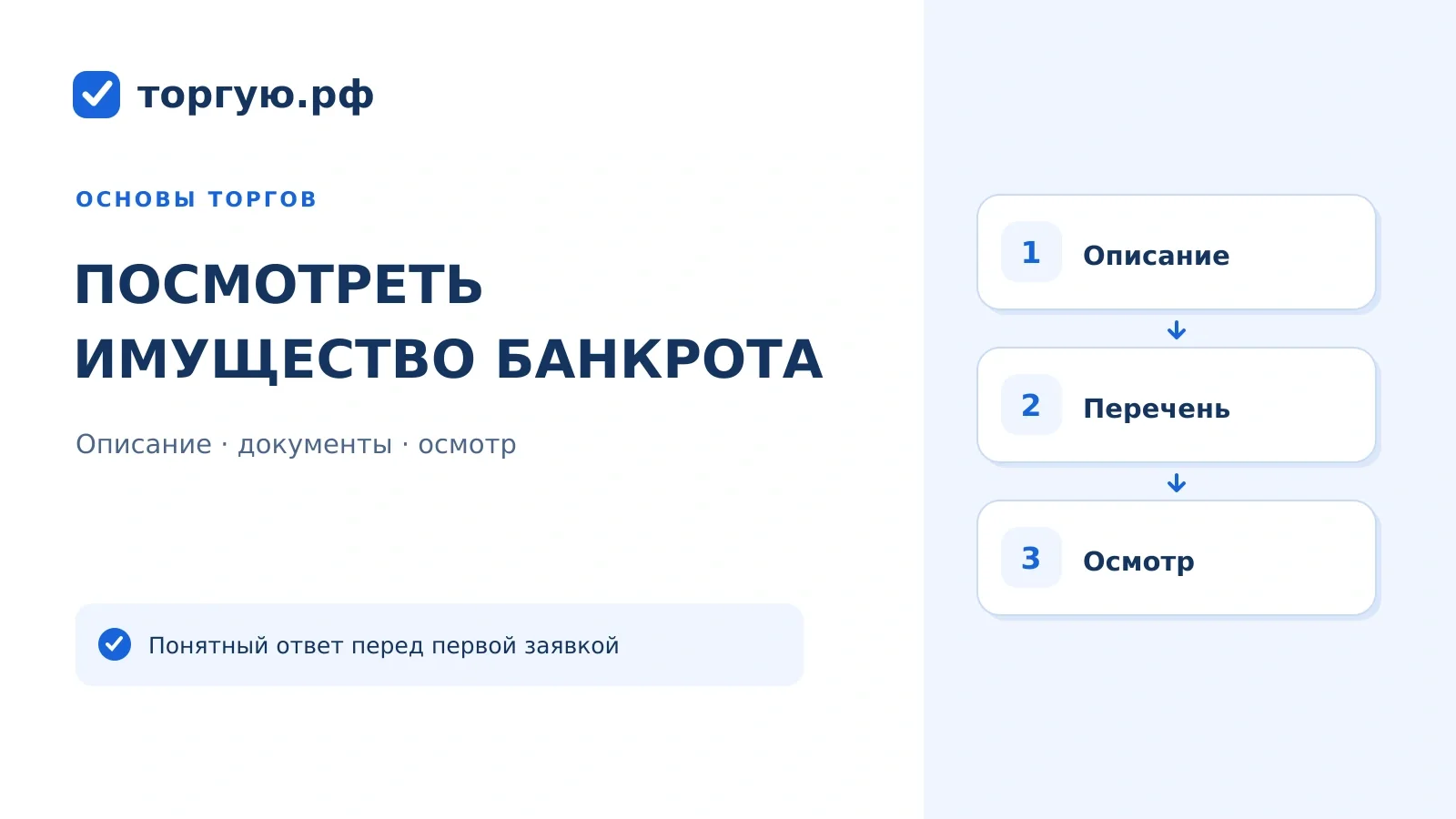 Бело-синяя обложка с тремя блоками: описание, перечень и осмотр. Заголовок: «Посмотреть имущество банкрота».