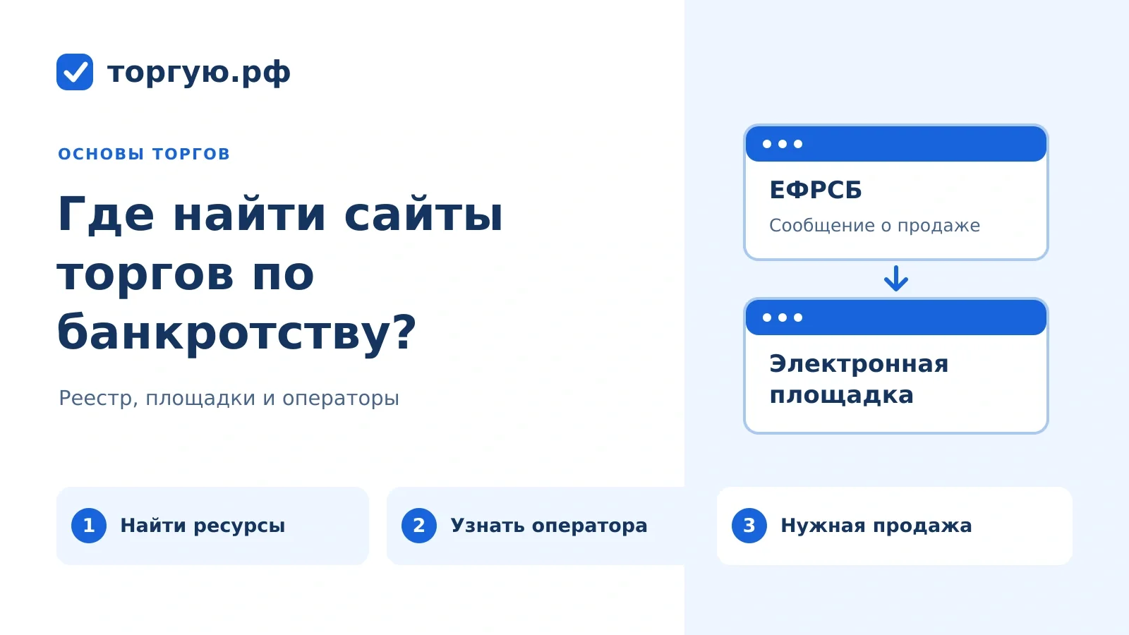 Бело-синяя обложка торгую.рф: сайты торгов по банкротству, сообщение ЕФРСБ и карточка электронной площадки.