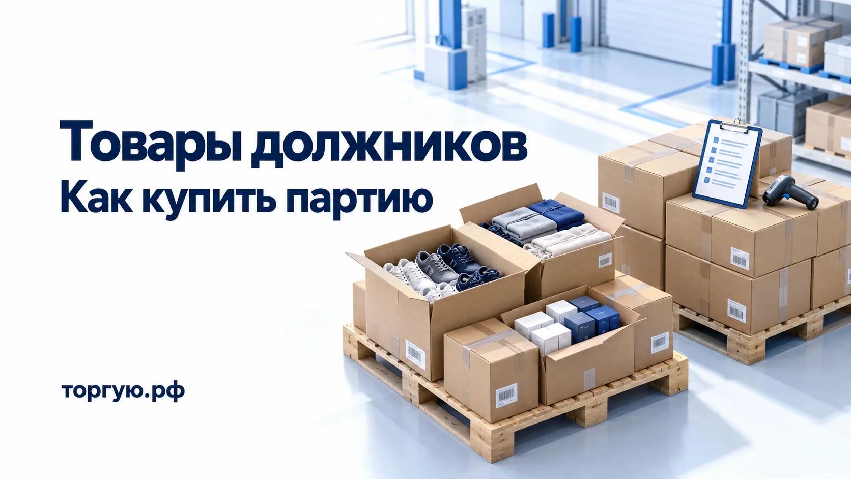 Обложка торгую.рф «Товары должников. Как купить партию»: коробки с обувью и текстилем на поддонах, опись и сканер в бело-синих цветах.