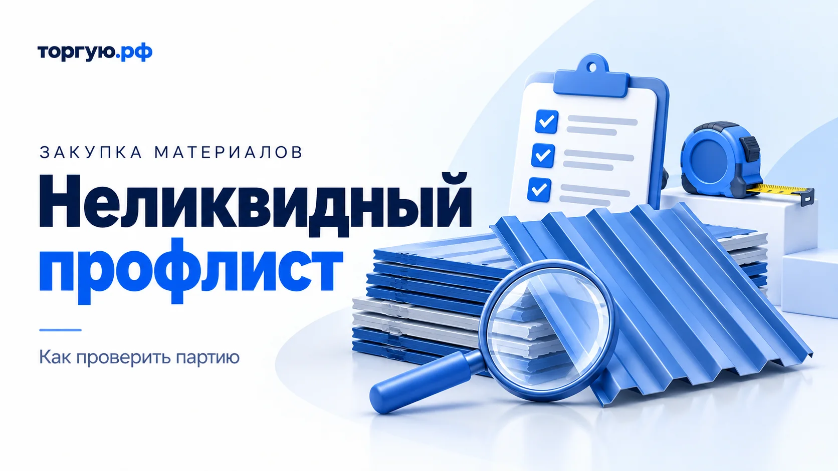 Бело-синяя иллюстрация: стопка профилированных металлических листов, лупа, рулетка и список проверок. Слева надпись «Неликвидный профлист. Как проверить партию».