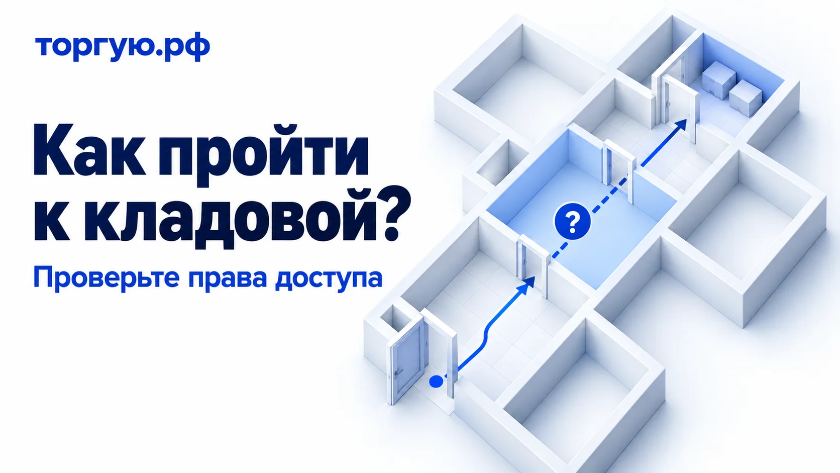 Условный план прохода к кладовой через несколько дверей и промежуточное помещение; участок маршрута отмечен вопросом о праве доступа.