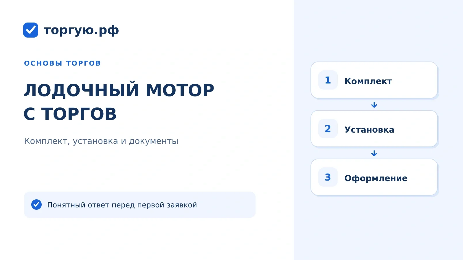 Бело-синяя обложка «Лодочный мотор с торгов» с блоками комплекта, установки и оформления.