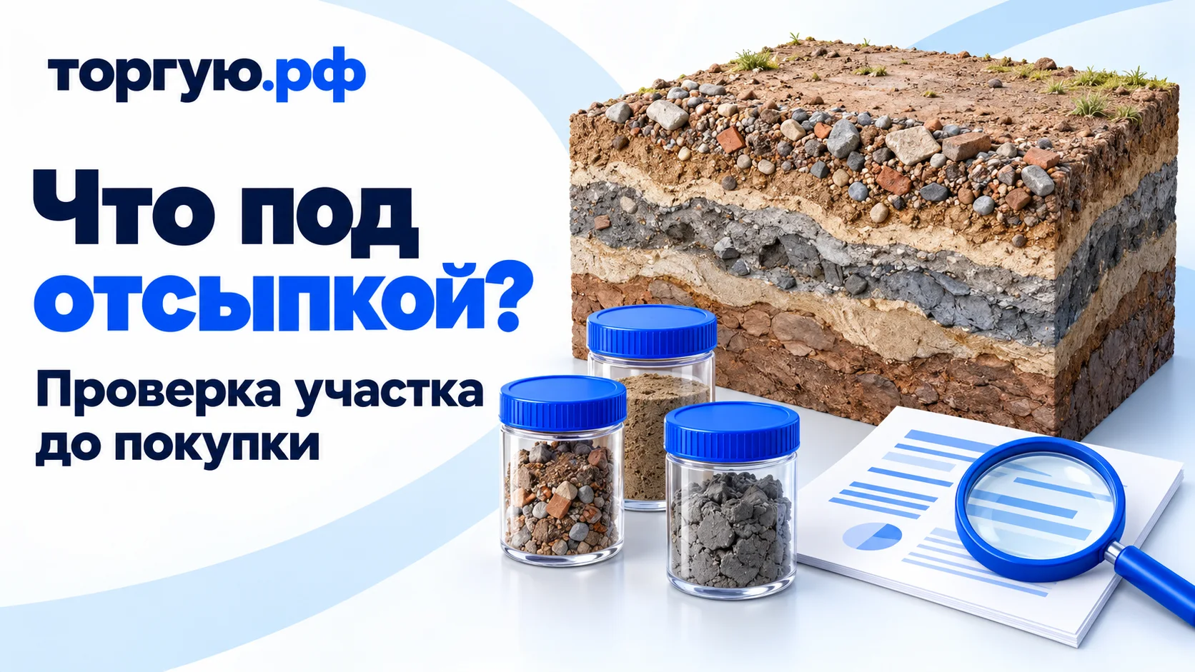 Обложка «Что под отсыпкой?»: условный разрез участка с разными слоями грунта, три закрытых контейнера с образцами, документ и лупа на бело-синем фоне с брендом «торгую.рф».