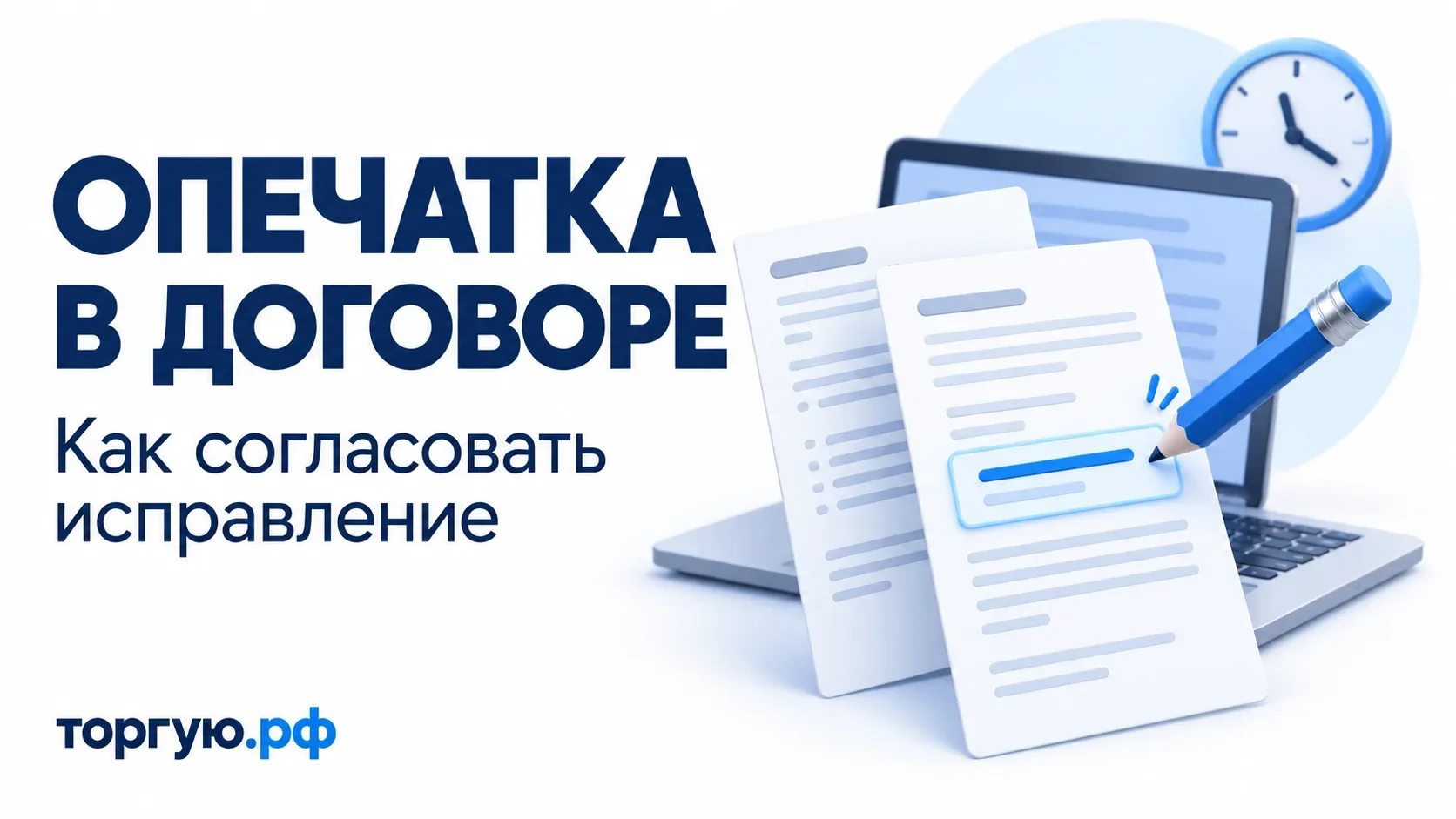 Условные листы договора с выделенной строкой, синий карандаш, ноутбук и часы: согласование исправления данных покупателя.