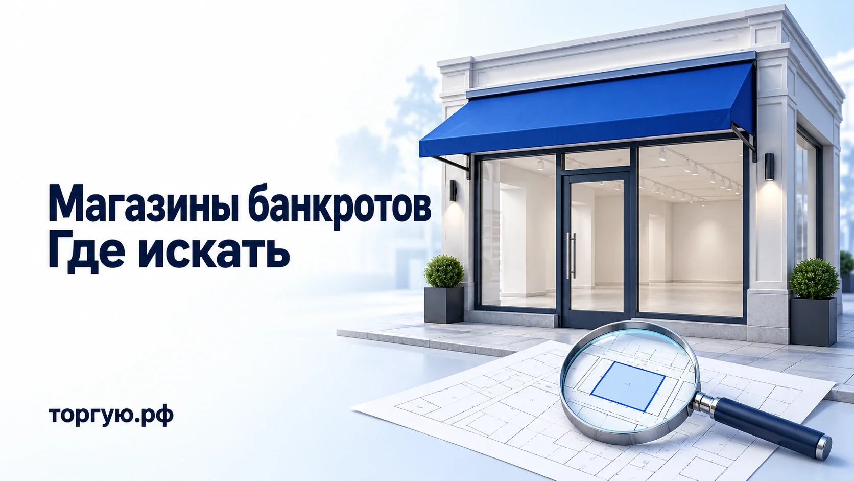 Поиск магазинов банкротов: торговое помещение с синей маркизой, план и лупа на бело-голубом фоне, торгую.рф