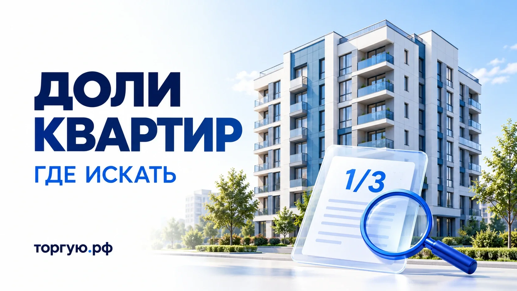 Многоквартирный дом и прозрачный документ с дробью 1/3 под лупой; надпись «Доли квартир. Где искать» и бренд торгую.рф.