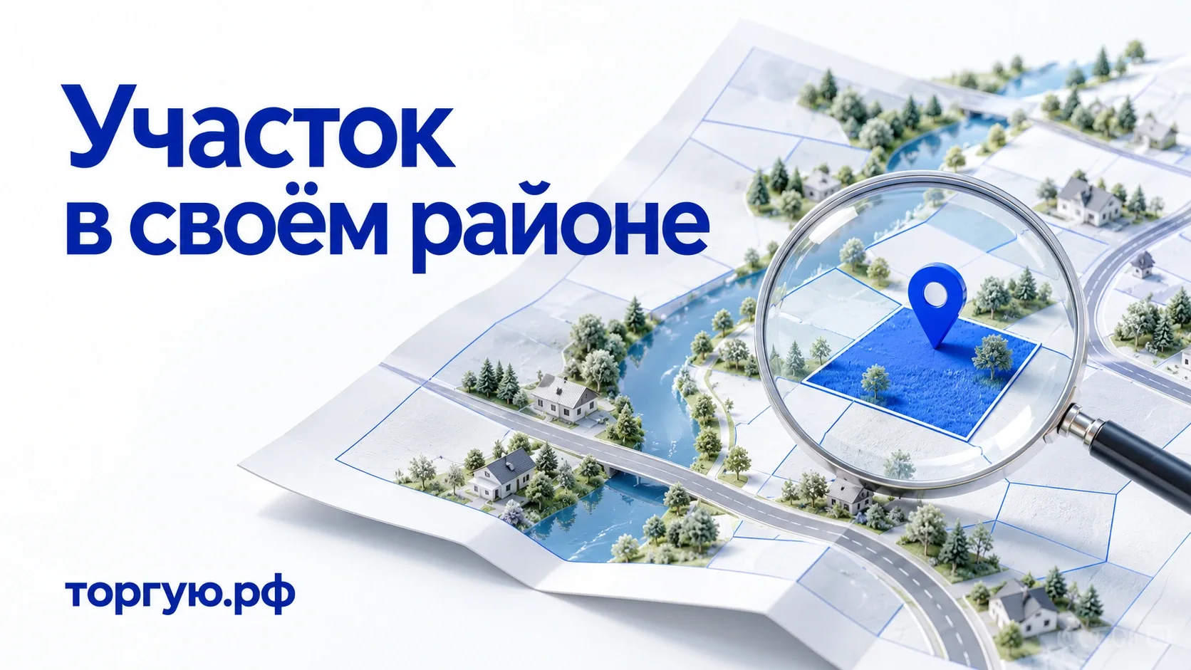 Карта местности с границами участков, дорогой, рекой и выделенным участком под лупой. Надпись «Участок в своём районе», торгую.рф.