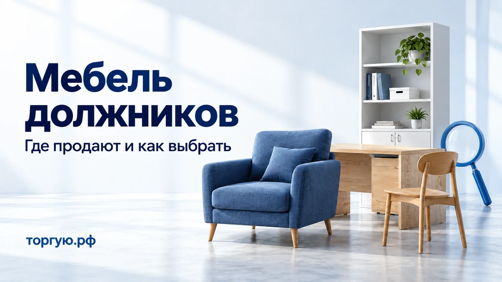 Синее кресло, деревянные стол и стул, белый шкаф и лупа: где продают мебель должников и как выбрать подходящие предметы.