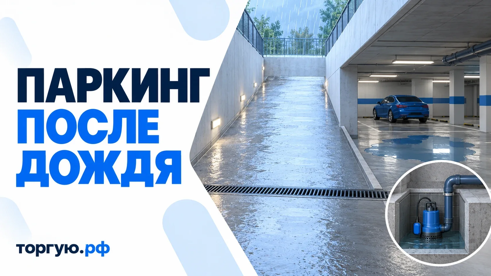 Условная иллюстрация: мокрый въезд в подземный паркинг, водоотводная решётка и лужа рядом с автомобилем; на врезке насос в приямке.