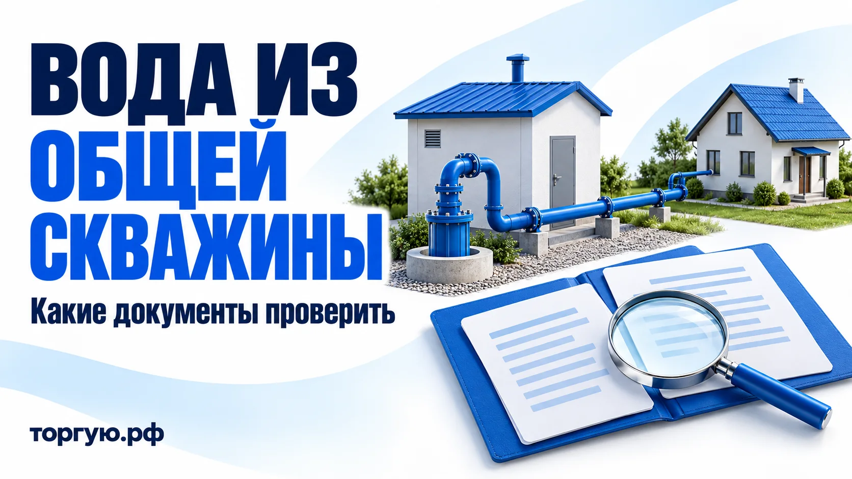 Скважина у насосной, синяя труба к дому, папка с документами и лупа. Заголовок «ВОДА ИЗ ОБЩЕЙ СКВАЖИНЫ», подзаголовок «Какие документы проверить», бренд «торгую.рф».