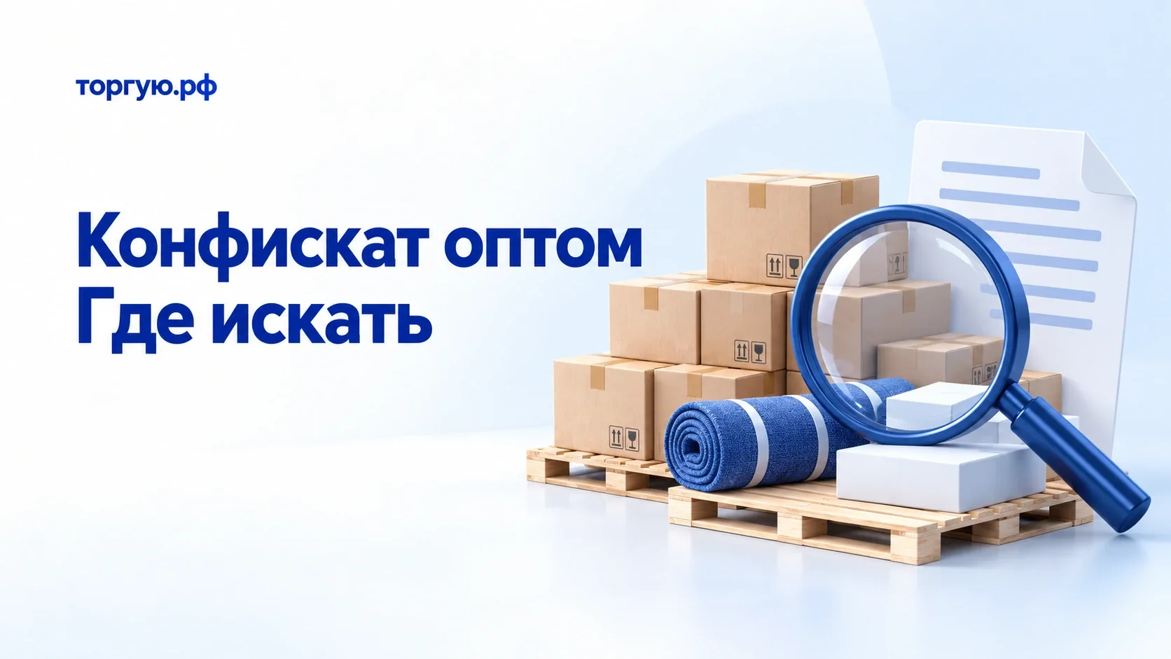 Коробки оптовой партии на поддонах, синяя лупа и документ на бело-голубом фоне; обложка торгую.рф «Конфискат оптом. Где искать».