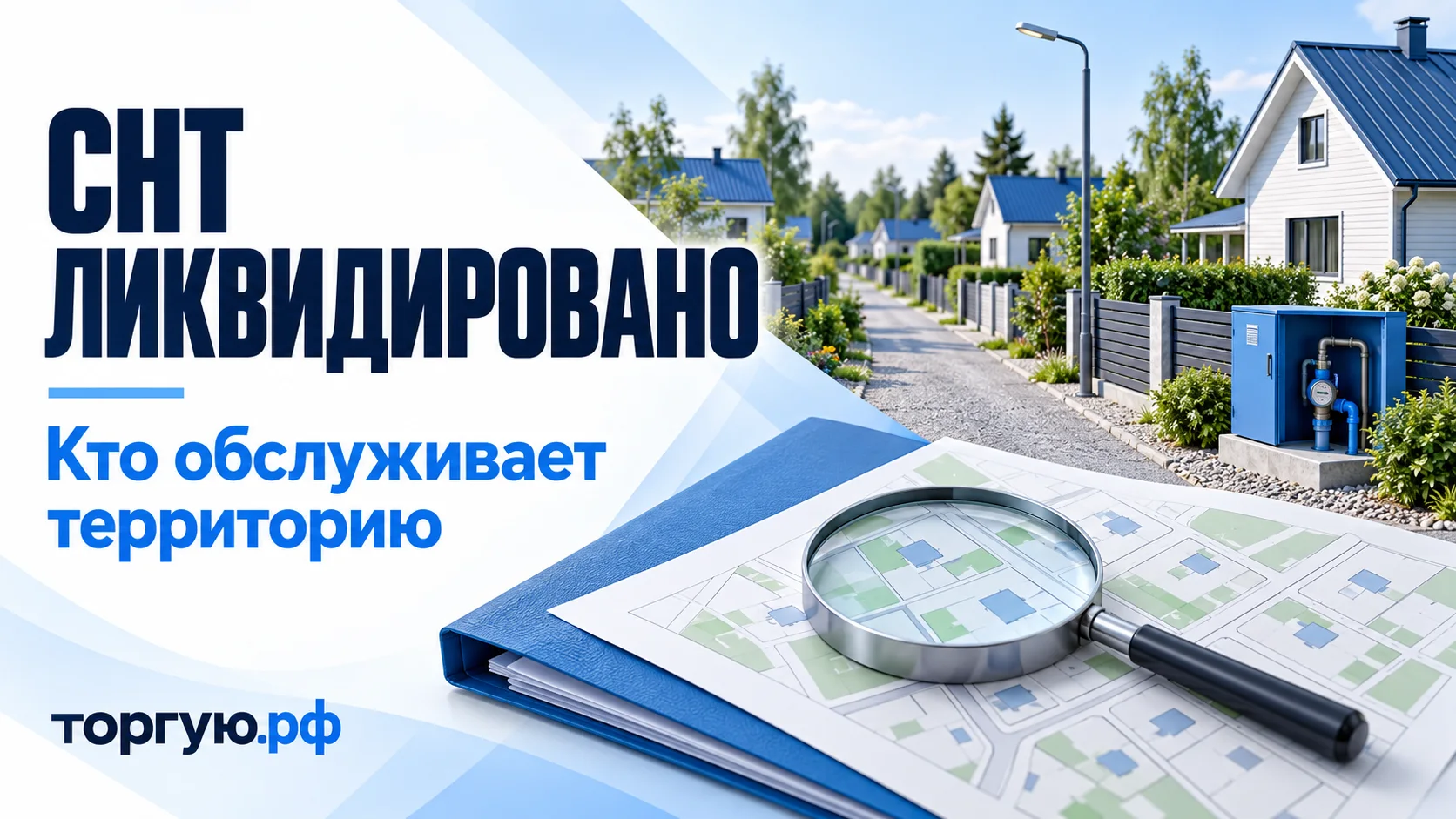 Садовые дома, общий проезд, уличный фонарь и водопроводный узел рядом с картой и лупой: проверка ответственных за инфраструктуру после ликвидации СНТ