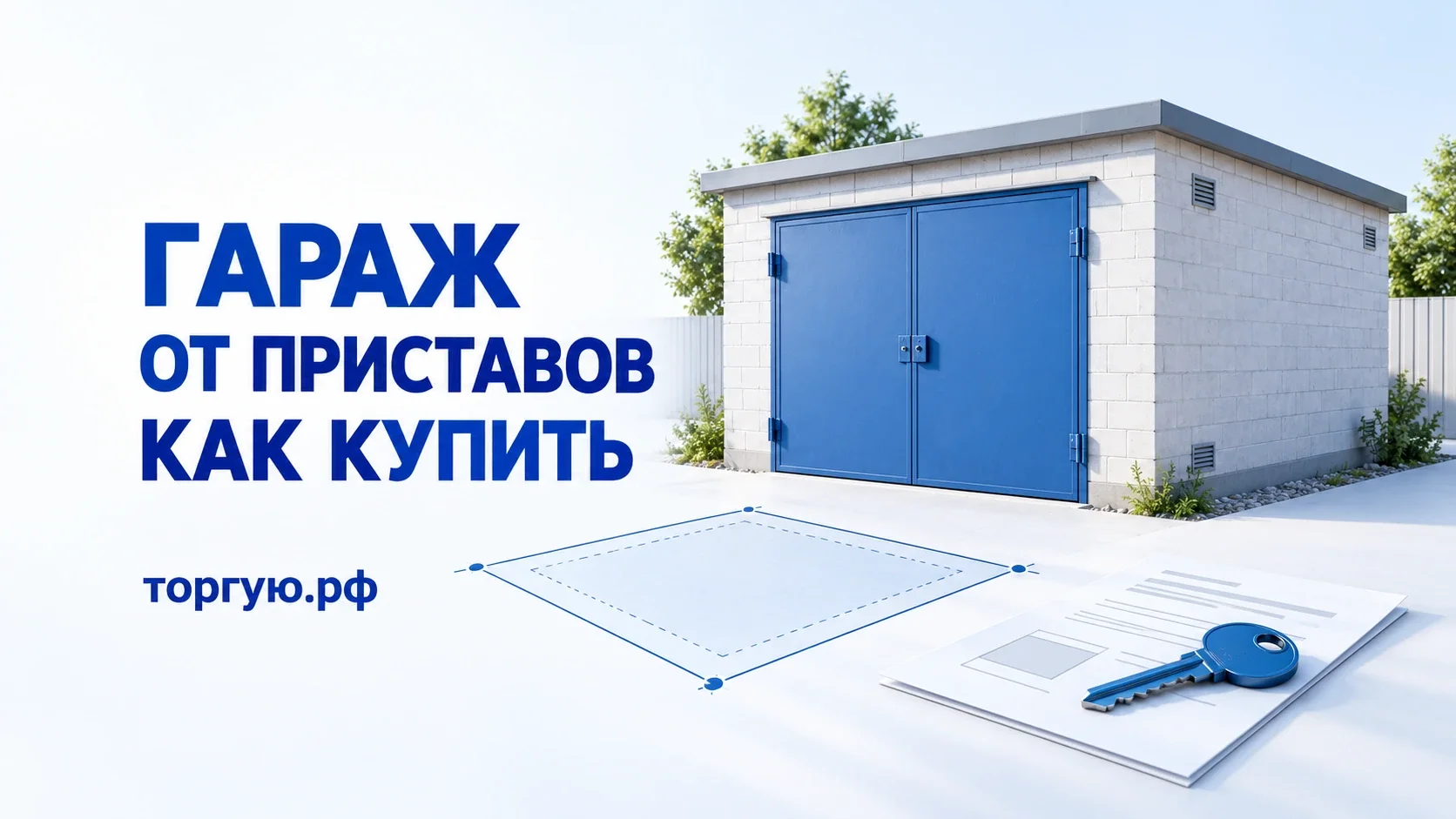 Белый капитальный гараж с синими воротами, схема участка и ключ. Надпись «Гараж от приставов. Как купить» и бренд торгую.рф.