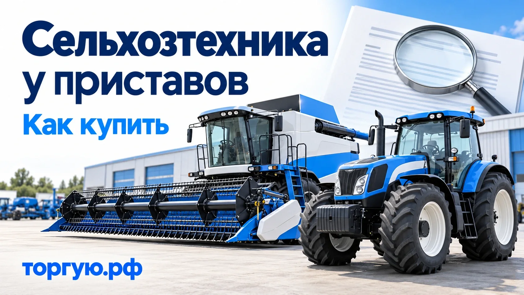 Бело-синяя обложка торгую.рф: комбайн с жаткой и трактор, документы и лупа. Надпись «Сельхозтехника у приставов. Как купить».