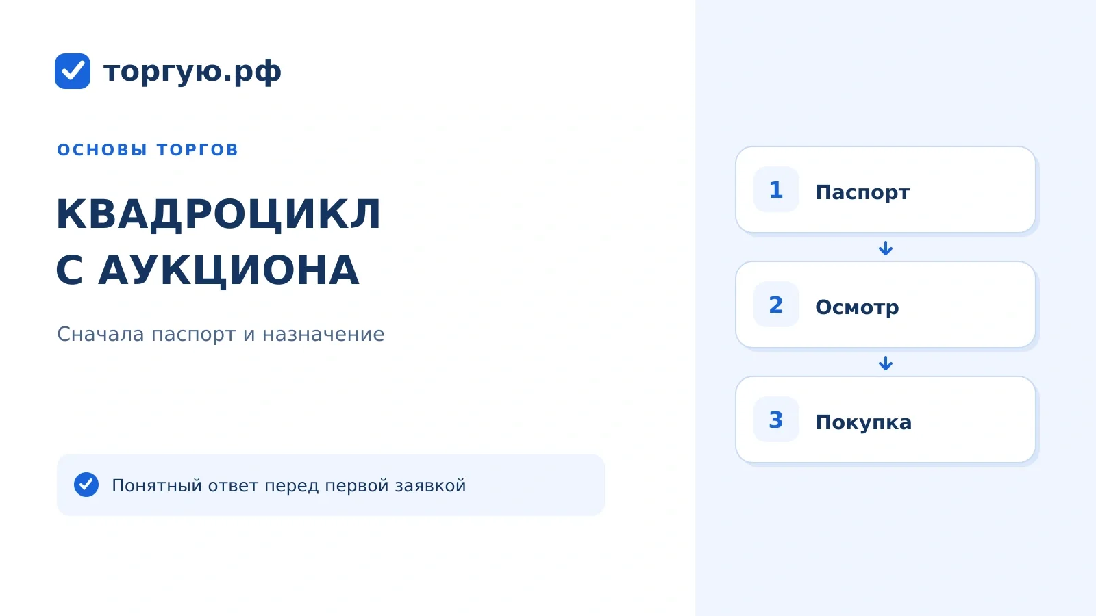 Бело-синяя обложка «Квадроцикл с аукциона»: сначала паспорт и назначение, затем осмотр и покупка.