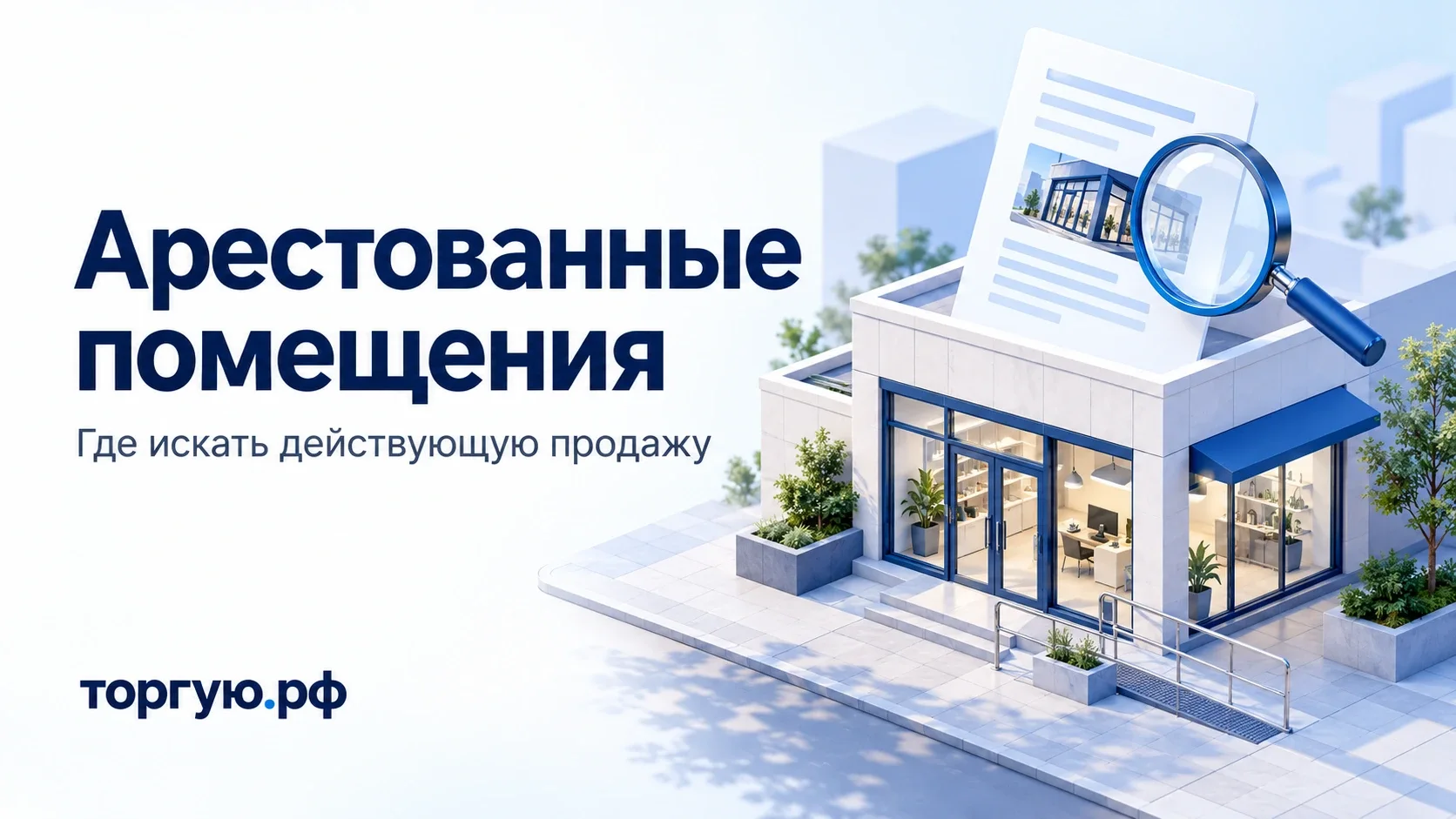 Арестованные помещения: поиск действующей продажи. Нежилое здание, документ и увеличительное стекло на бело-синей обложке торгую.рф.