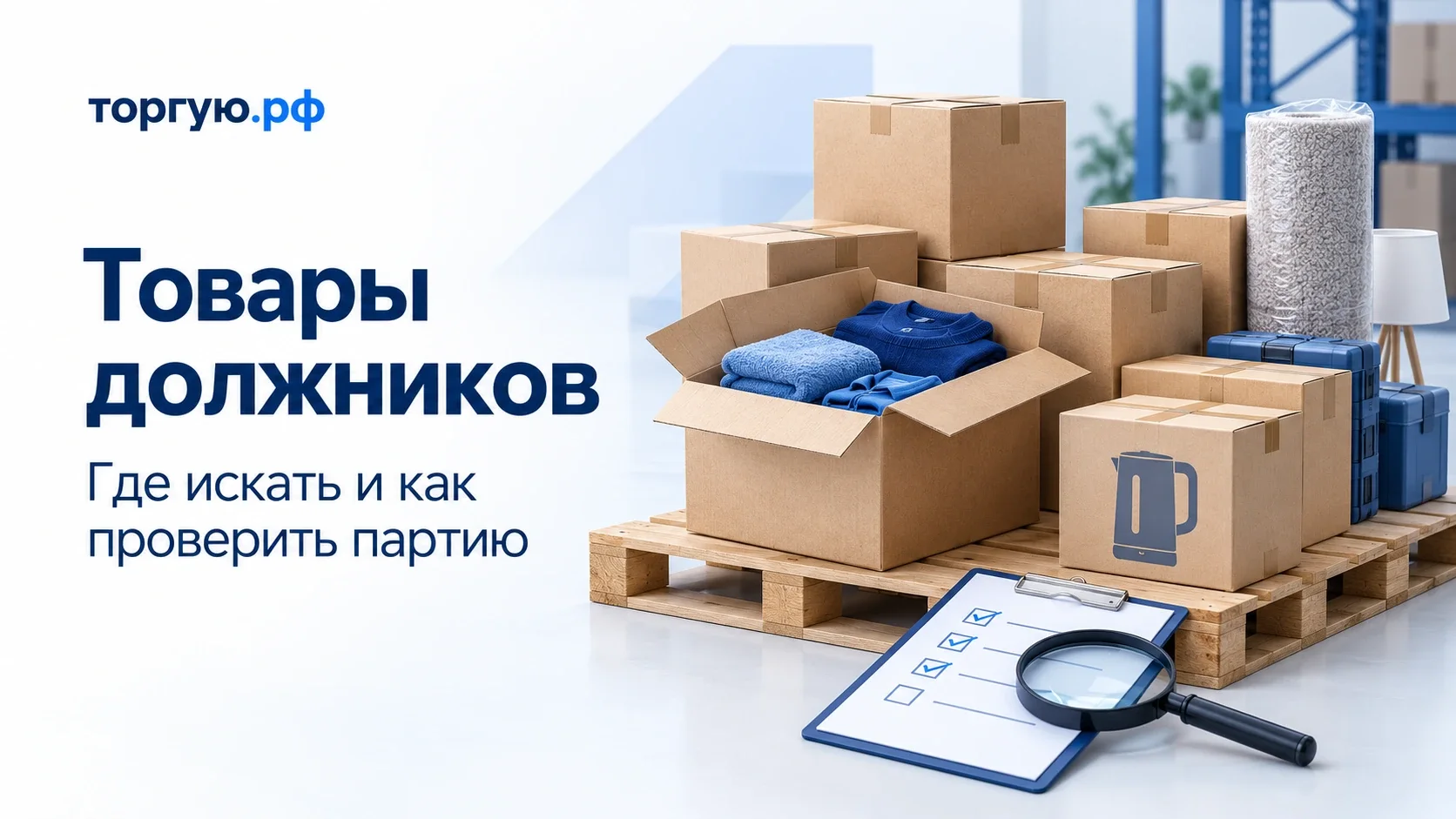 Обложка торгую.рф «Товары должников»: коробки и товары на поддонах, открытая коробка с текстилем, лист проверки и лупа в бело-синих цветах.
