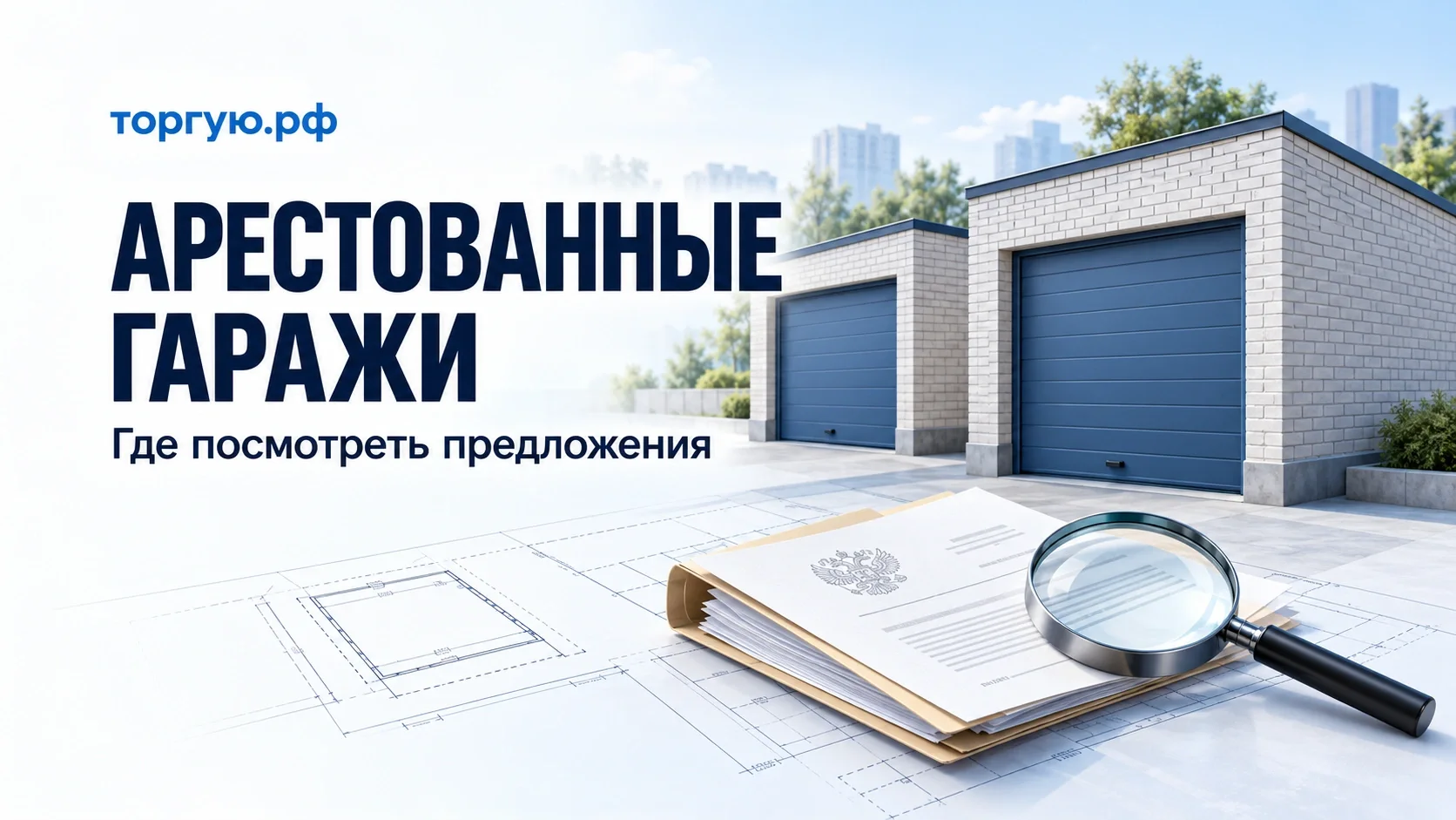 Арестованные гаражи: два гаражных бокса с синими воротами, документы и лупа на бело-голубой обложке торгую.рф.