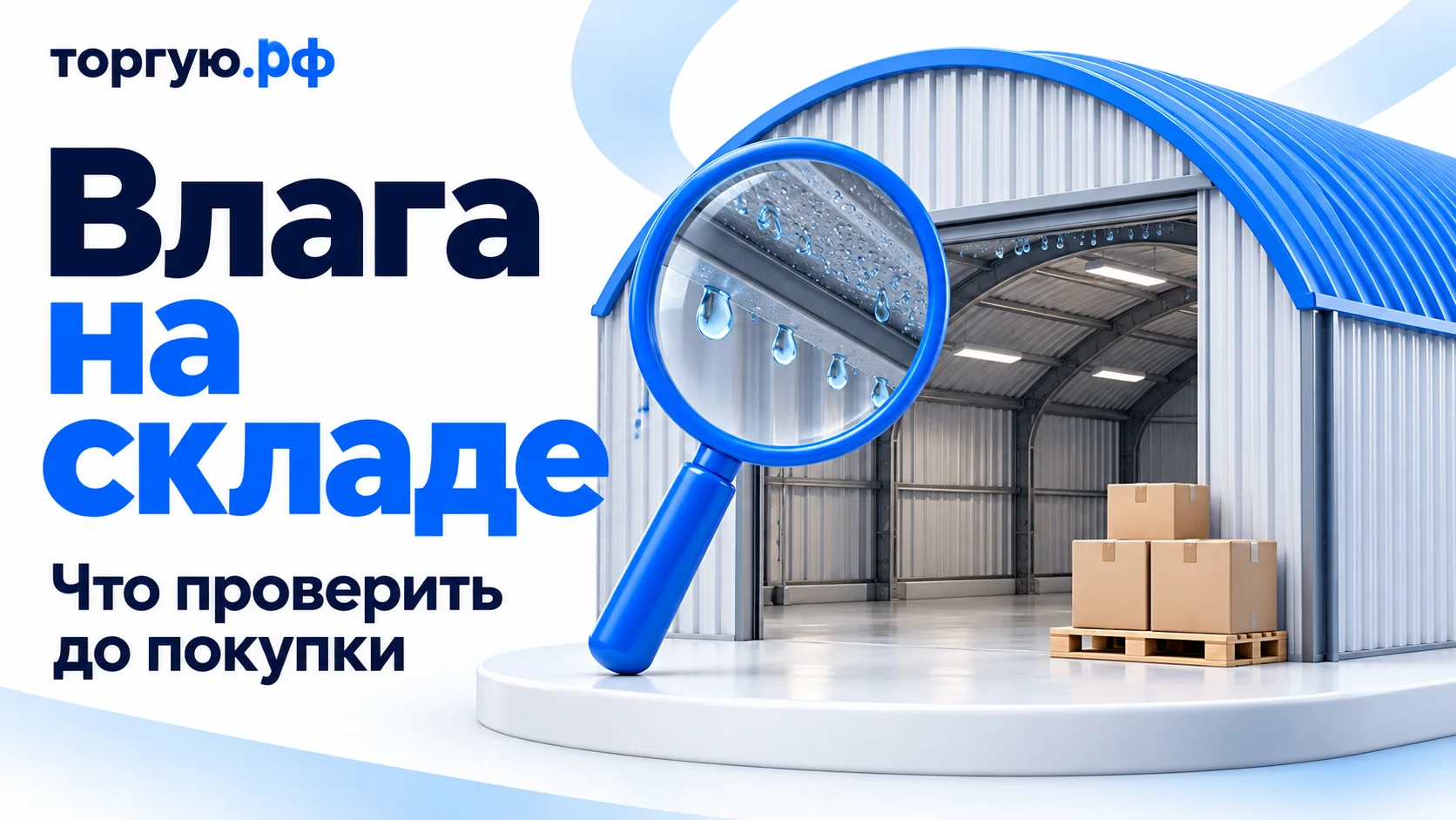 Обложка «Влага на складе» с подзаголовком «Что проверить до покупки»: склад-ангар с синей крышей, коробки на поддоне и лупа, увеличивающая капли конденсата, на бело-синем фоне с логотипом «торгую.рф».