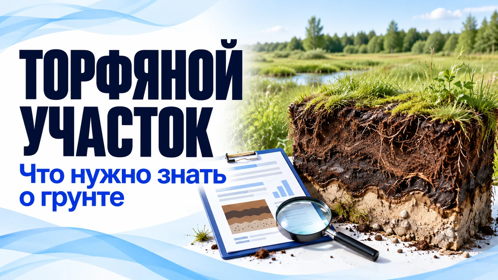 Торфяной участок, условный разрез органических слоёв грунта и геологический отчёт с лупой
