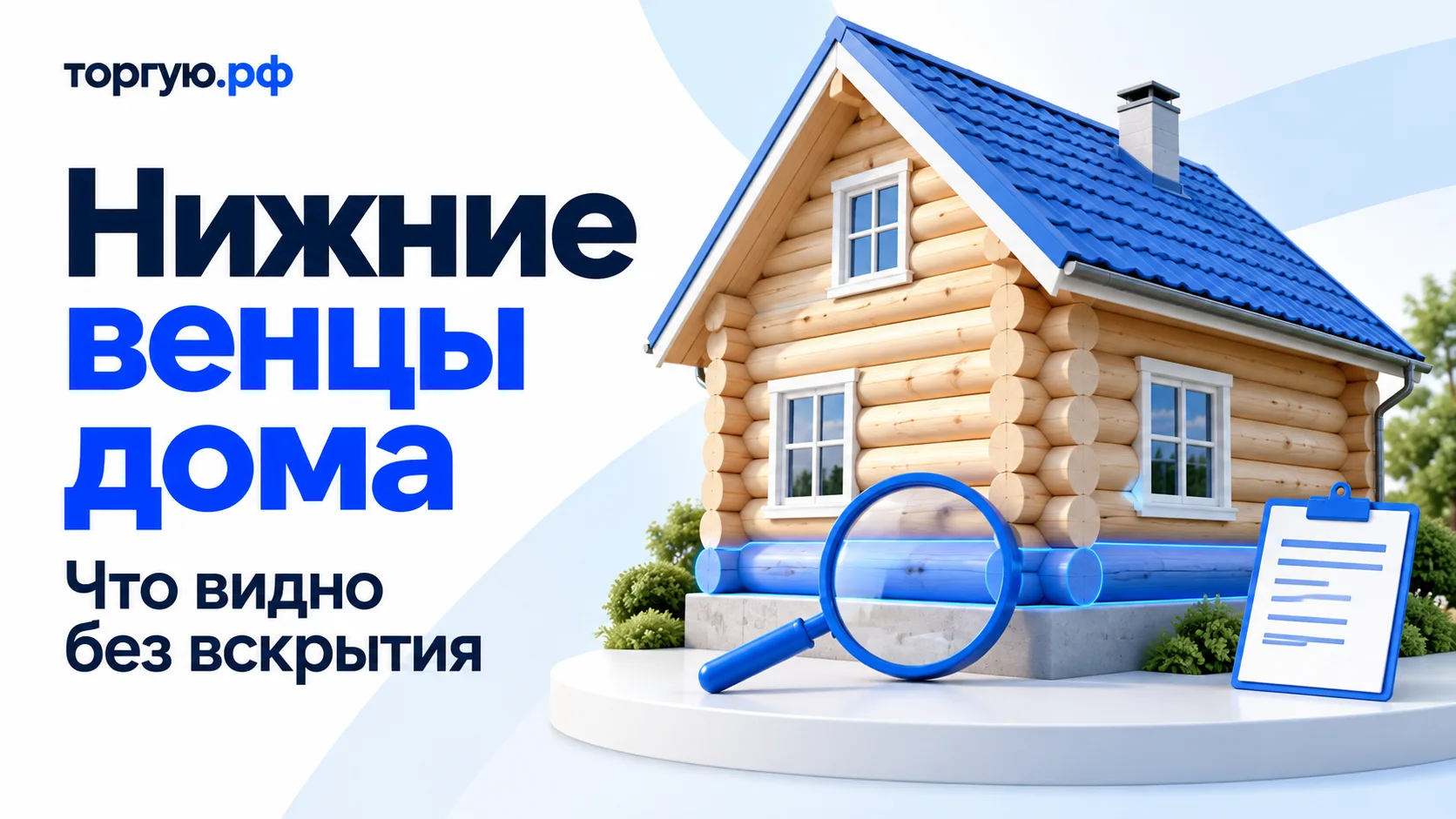 Обложка «Нижние венцы дома» с подзаголовком «Что видно без вскрытия»: деревянный дом с выделенным синим нижним рядом брёвен, лупа и лист осмотра снаружи на бело-синем фоне с логотипом «торгую.рф».