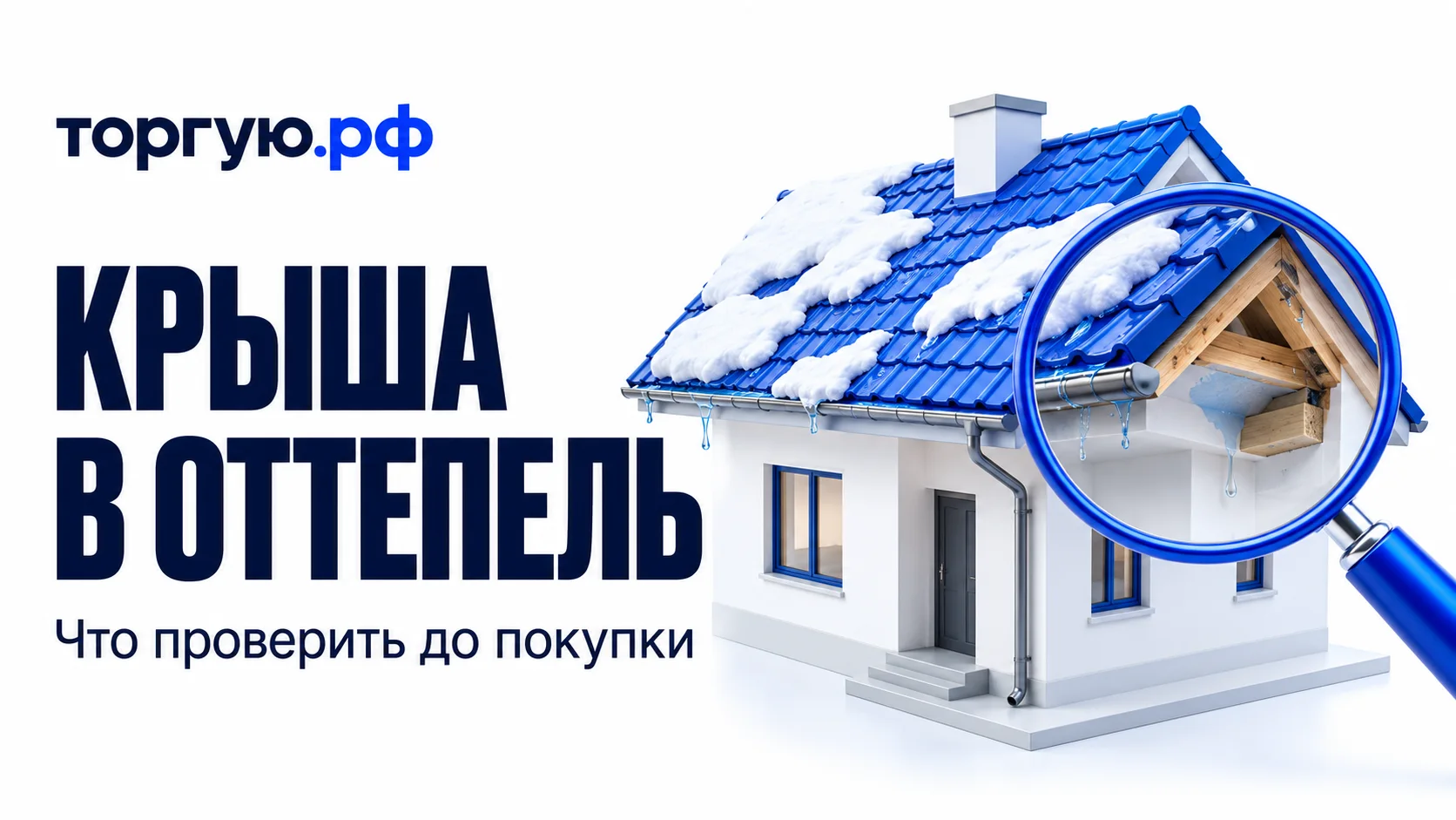 Белый дом с синей кровлей и остатками тающего снега; лупа увеличивает открытый участок карниза с деревянными стропилами и следом воды. Слева надписи «КРЫША В ОТТЕПЕЛЬ» и «Что проверить до покупки», сверху логотип «торгую.рф».