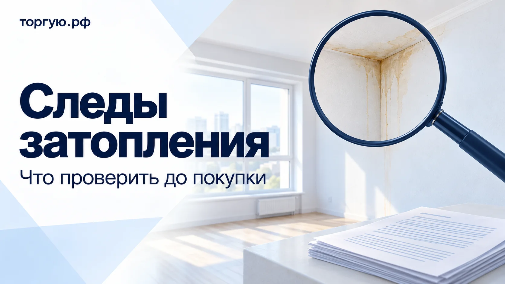 Обложка «Следы затопления» с подзаголовком «Что проверить до покупки»: лупа выделяет жёлтые потёки на потолке и стенах светлой квартиры, на переднем плане стопка документов, бренд «торгую.рф».
