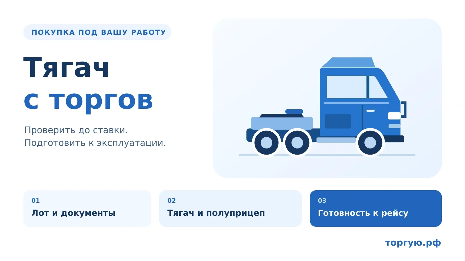 Бело-синяя обложка «Тягач с торгов»: седельный тягач и три проверки — лот и документы, тягач и полуприцеп, готовность к рейсу. Бренд торгую.рф.