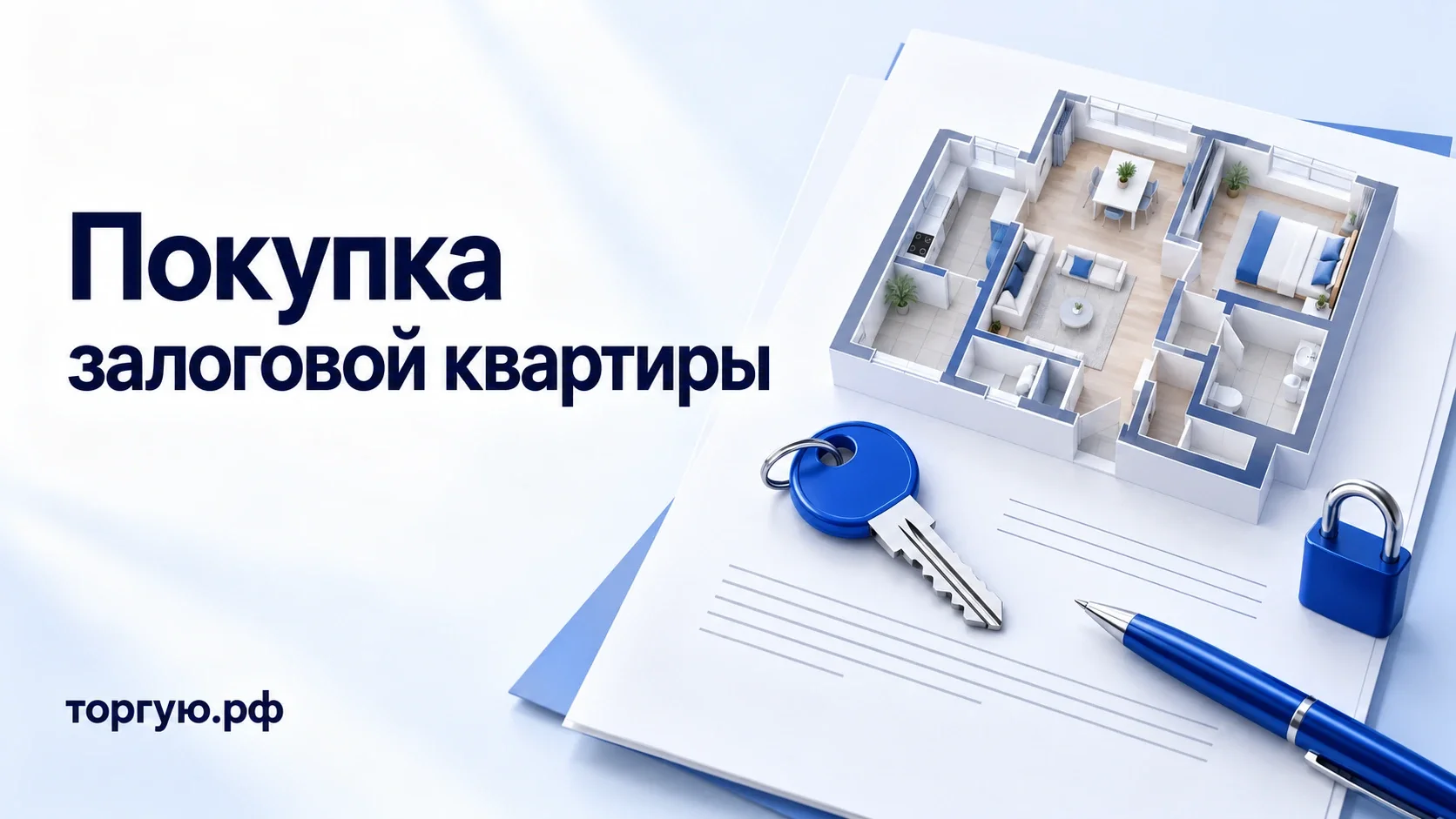 Бело-синяя обложка: план квартиры на документе, ключ, замок и ручка. Надпись «Покупка залоговой квартиры», бренд торгую.рф.