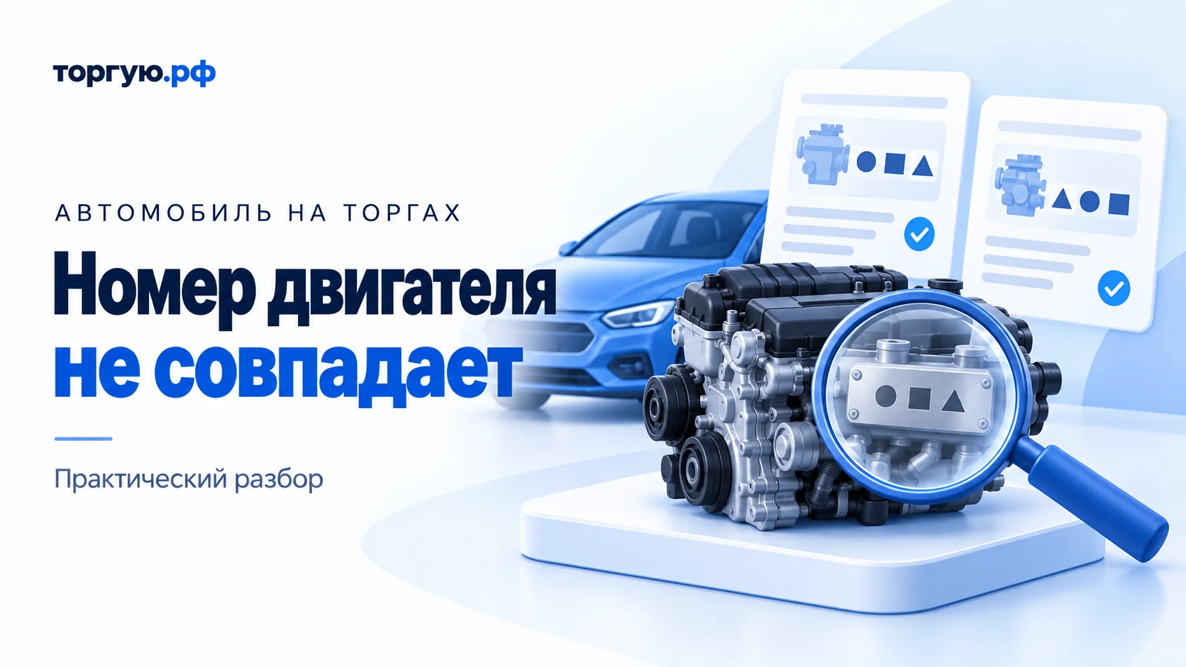 Условная иллюстрация: синий автомобиль, двигатель на подставке, лупа над табличкой с геометрическими знаками и две карточки для сравнения обозначений.