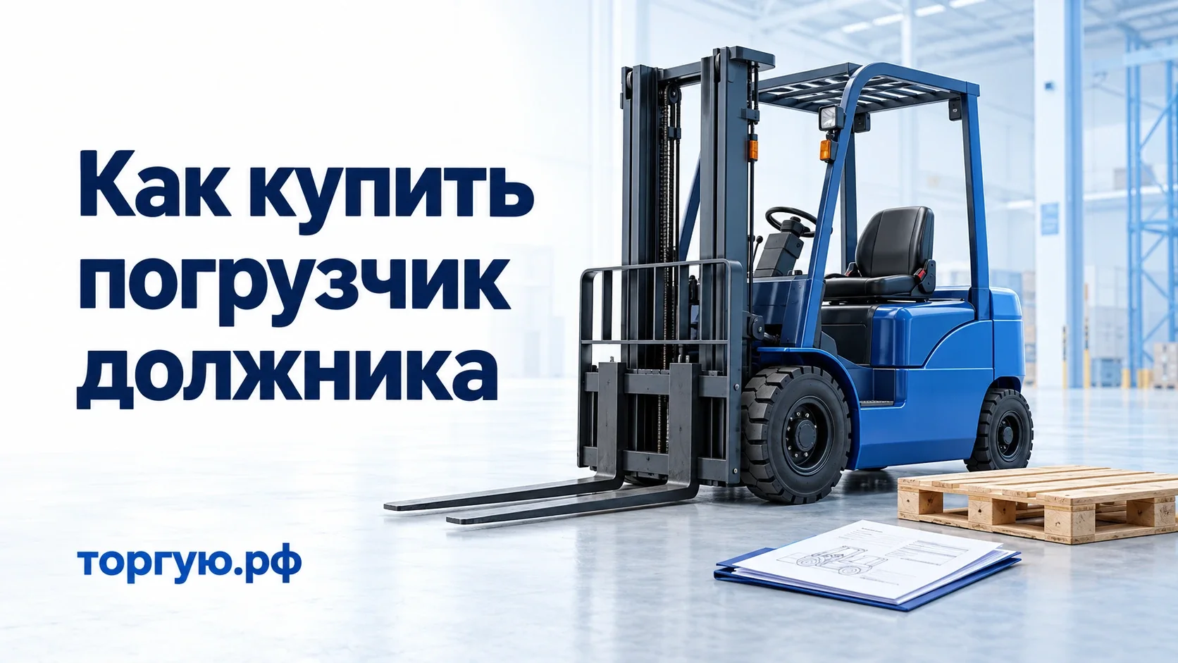 Обложка торгую.рф «Как купить погрузчик должника»: синий вилочный погрузчик с опущенными вилами и пустой поддон.
