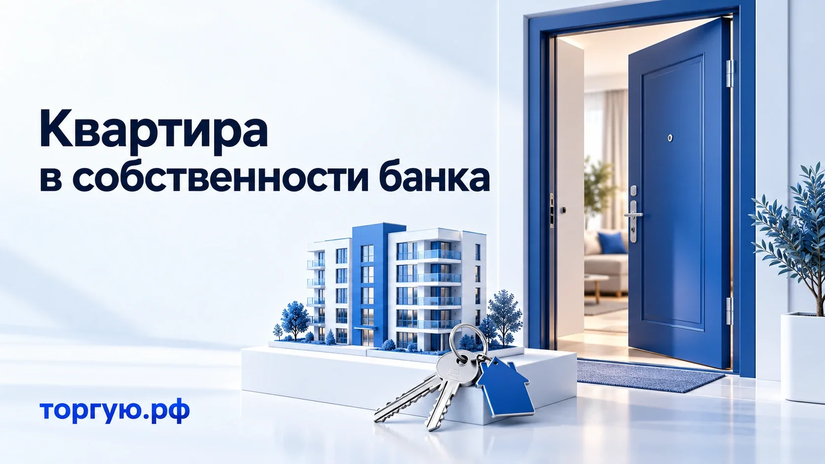 Бело-синяя обложка: открытая дверь квартиры, модель дома и ключи. Надпись «Квартира в собственности банка», бренд торгую.рф.